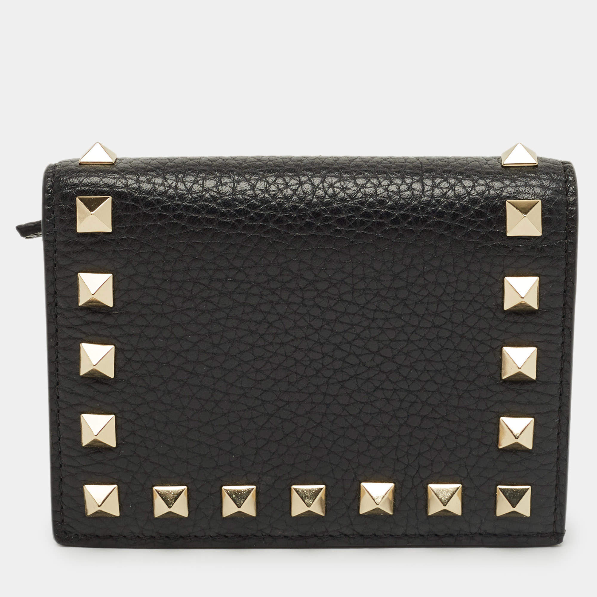 Pre Owned Valentino Black Leather Rockstud Flap Card Case
