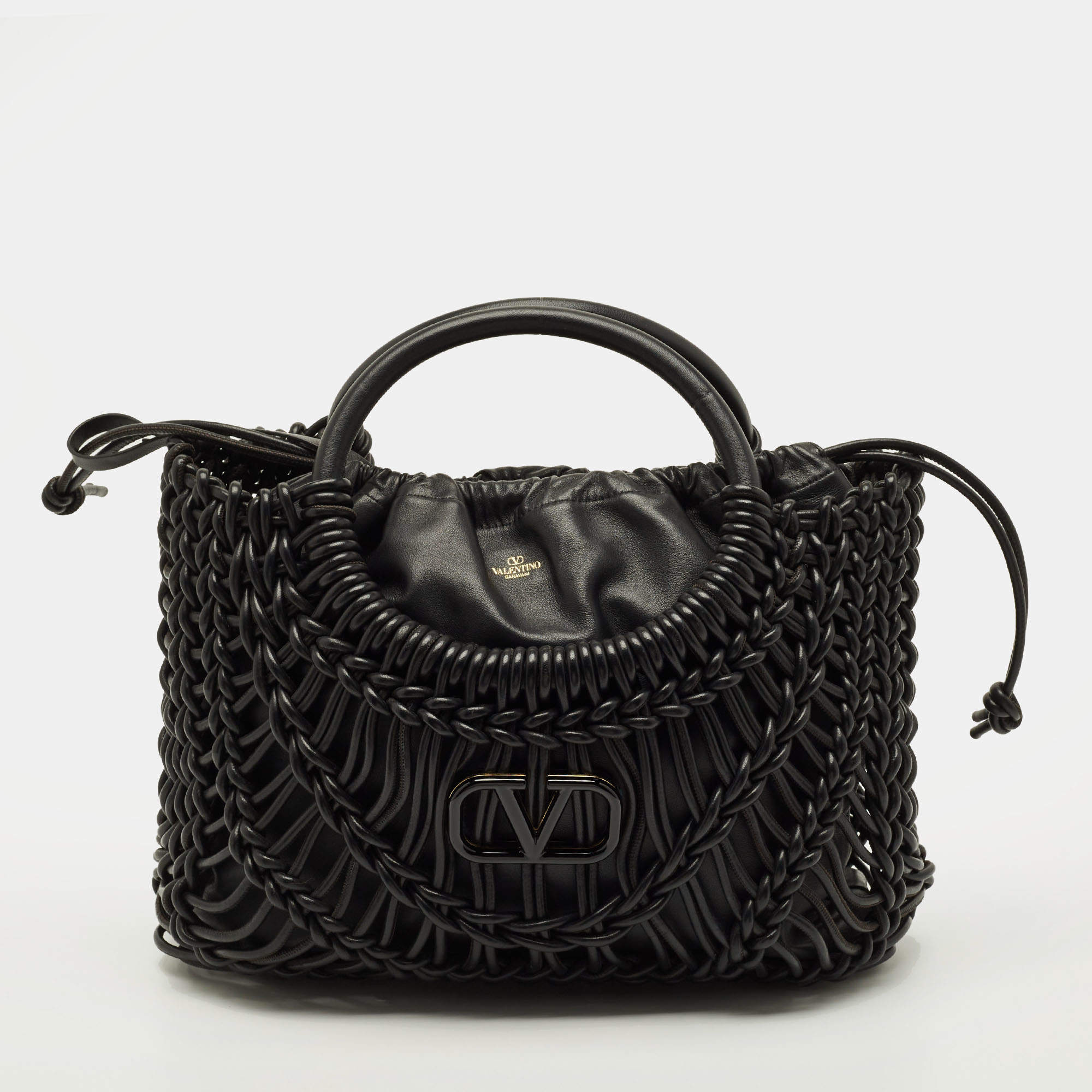 Pre Owned Valentino Allknots VLogo Black Woven Leather Tote