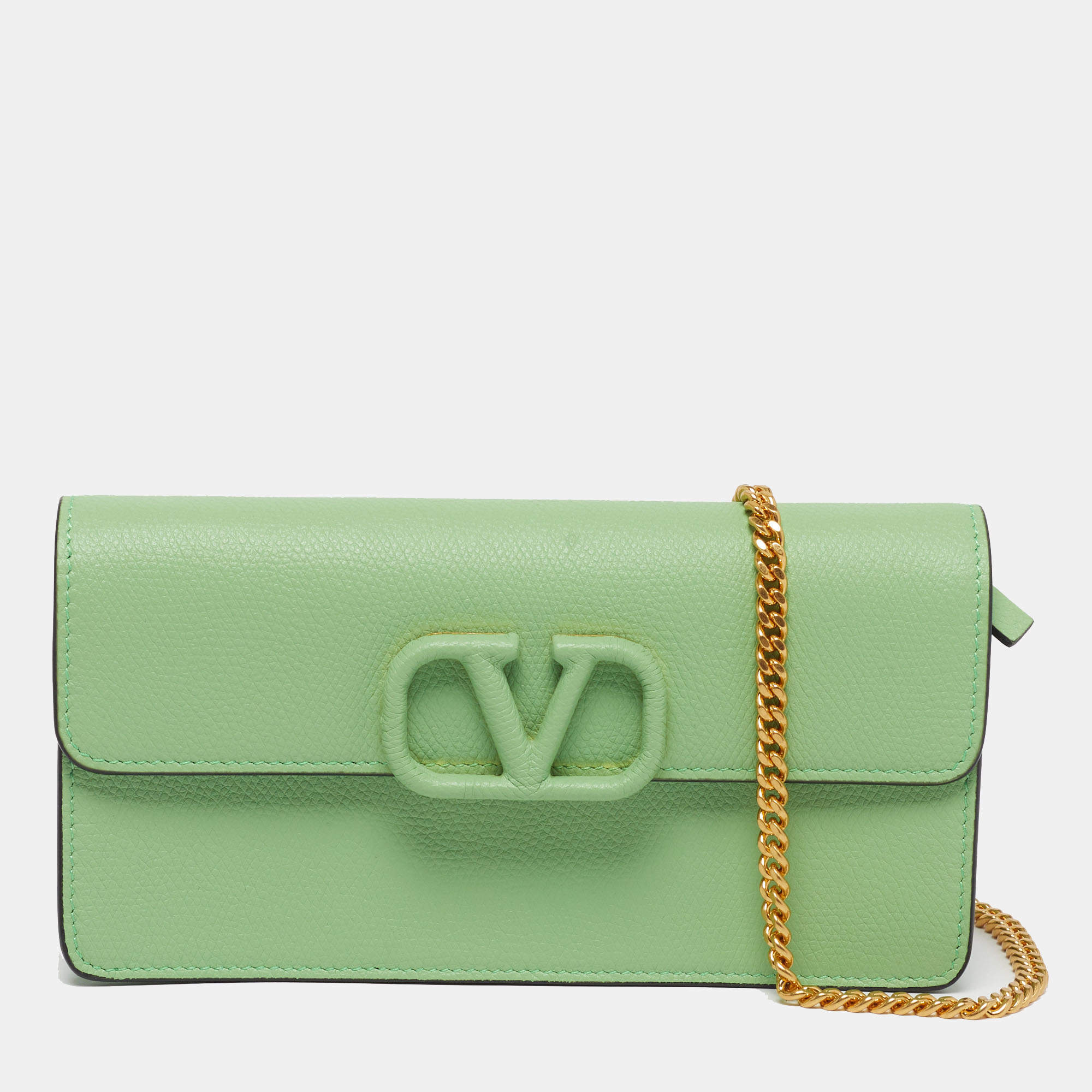 مملوكة مسبقًا Valentino VLogo Green Leather Wallet On Chain