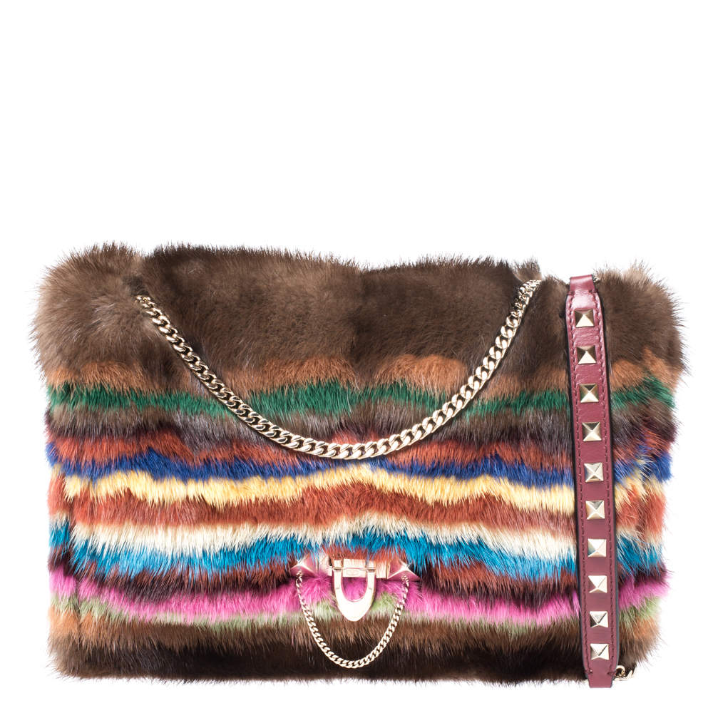 Pre Owned Valentino Multicolor Mink Fur and Leather Chain Shoulder Bag