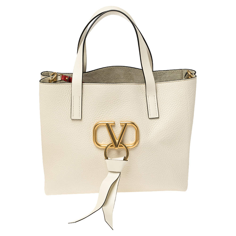 Valentino Light Ivory Leather Small E/W VRING Tote