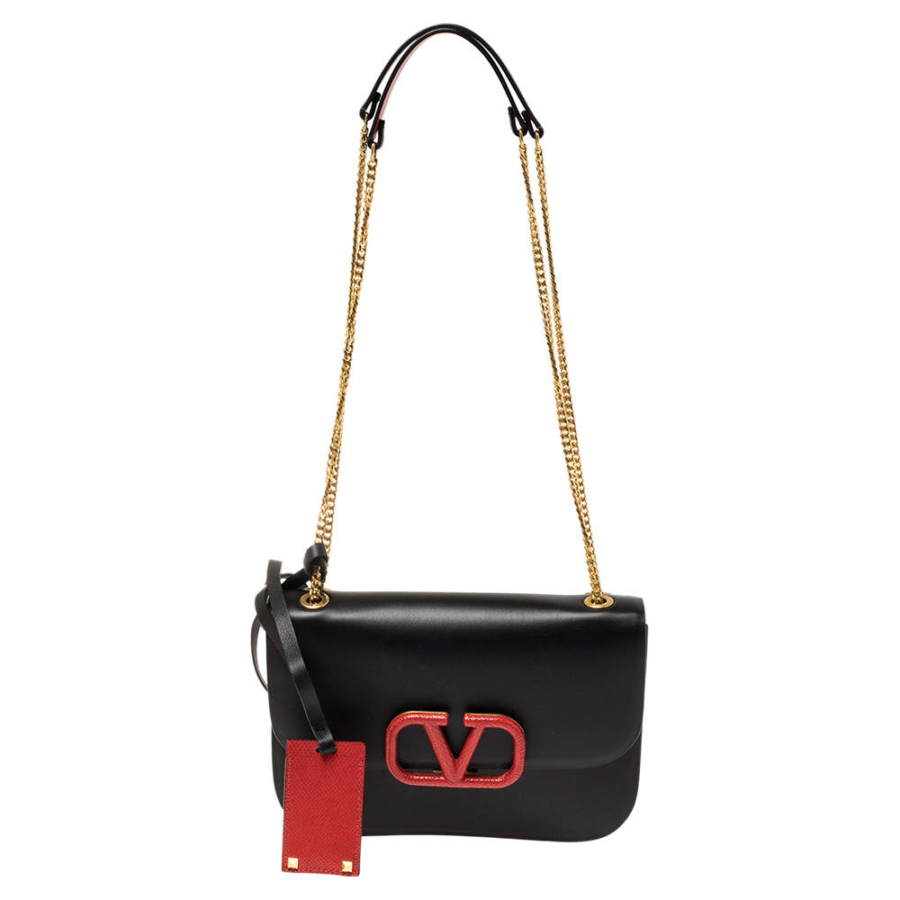 Valentino Black/Red Leather Small VLOCK Chain Shoulder Bag