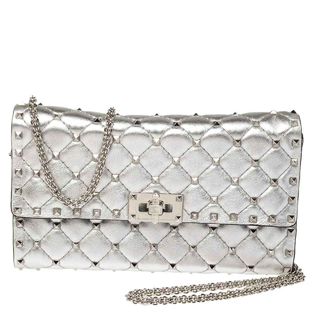 Valentino Silver/Palladium Quilted Leather Rockstud Spike WOC Clutch Bag