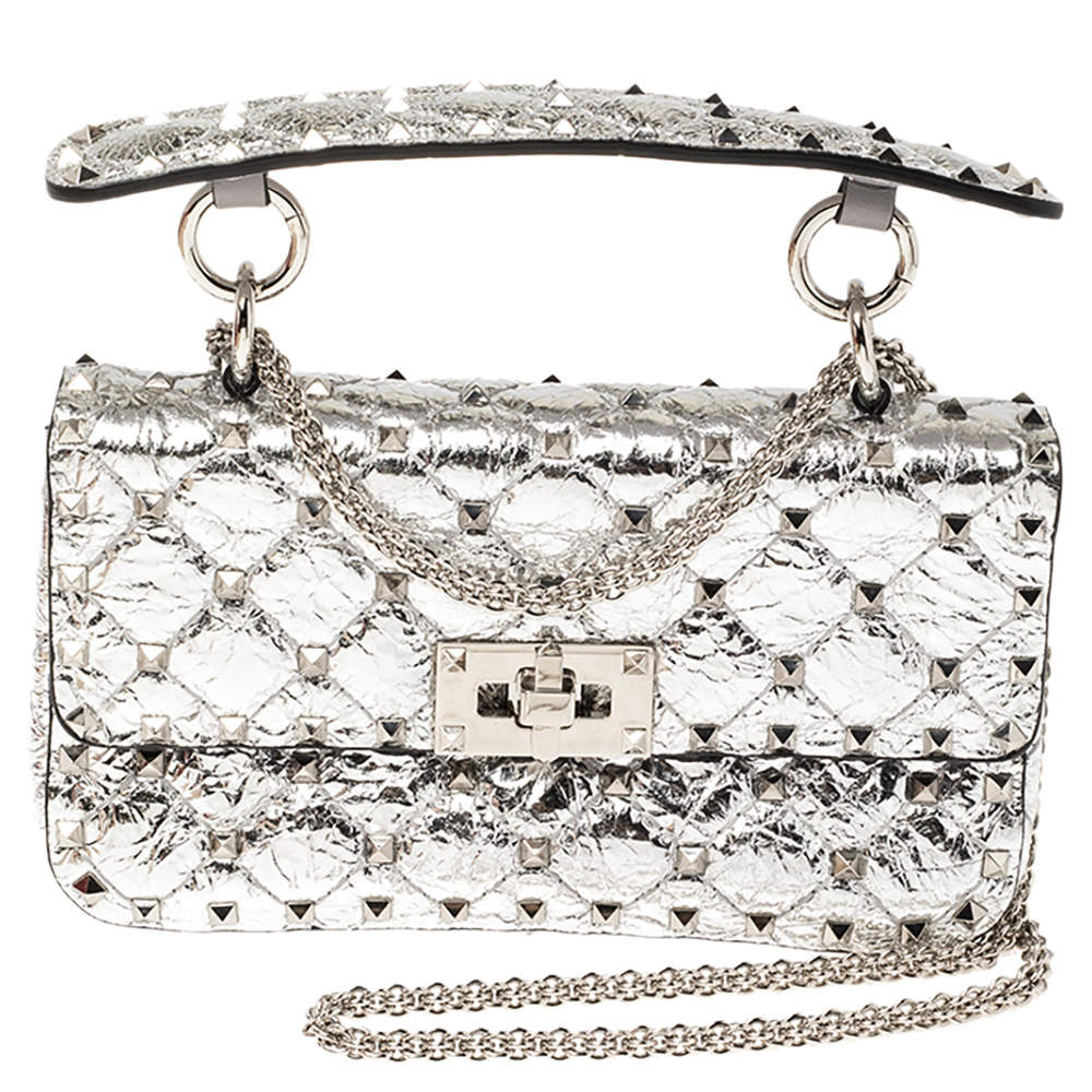 Valentino Silver Quilted Crackled Leather Small Rockstud Spike.It Shoulder Bag