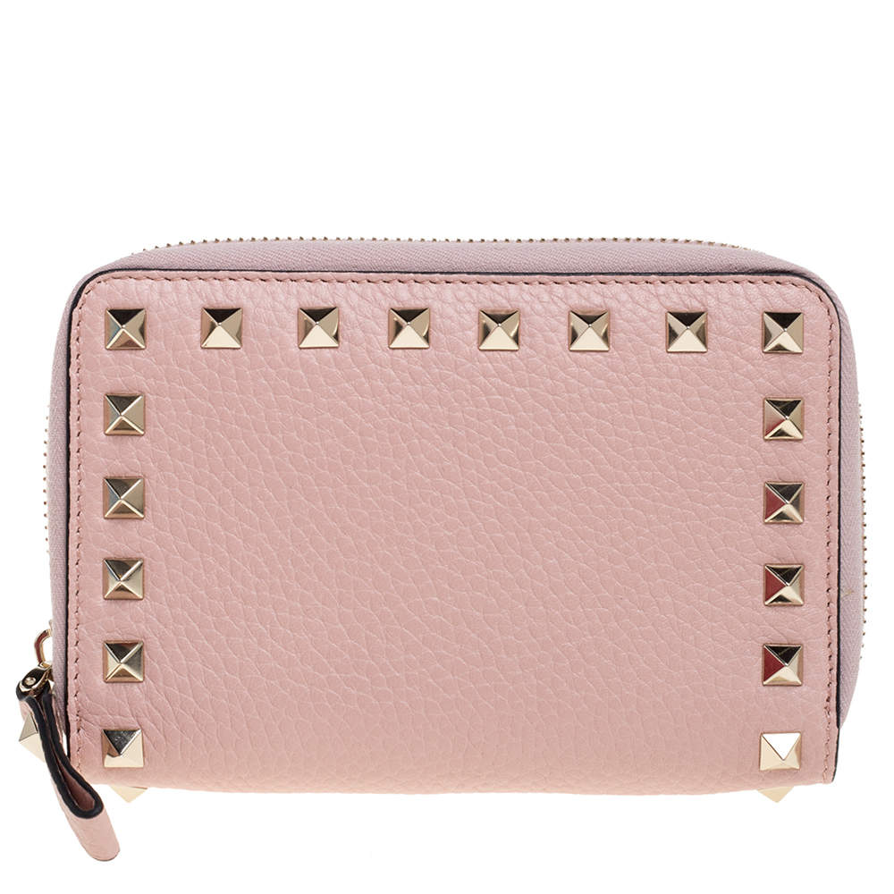 Valentino Blush Pink Leather Rockstud Zip Around Wallet