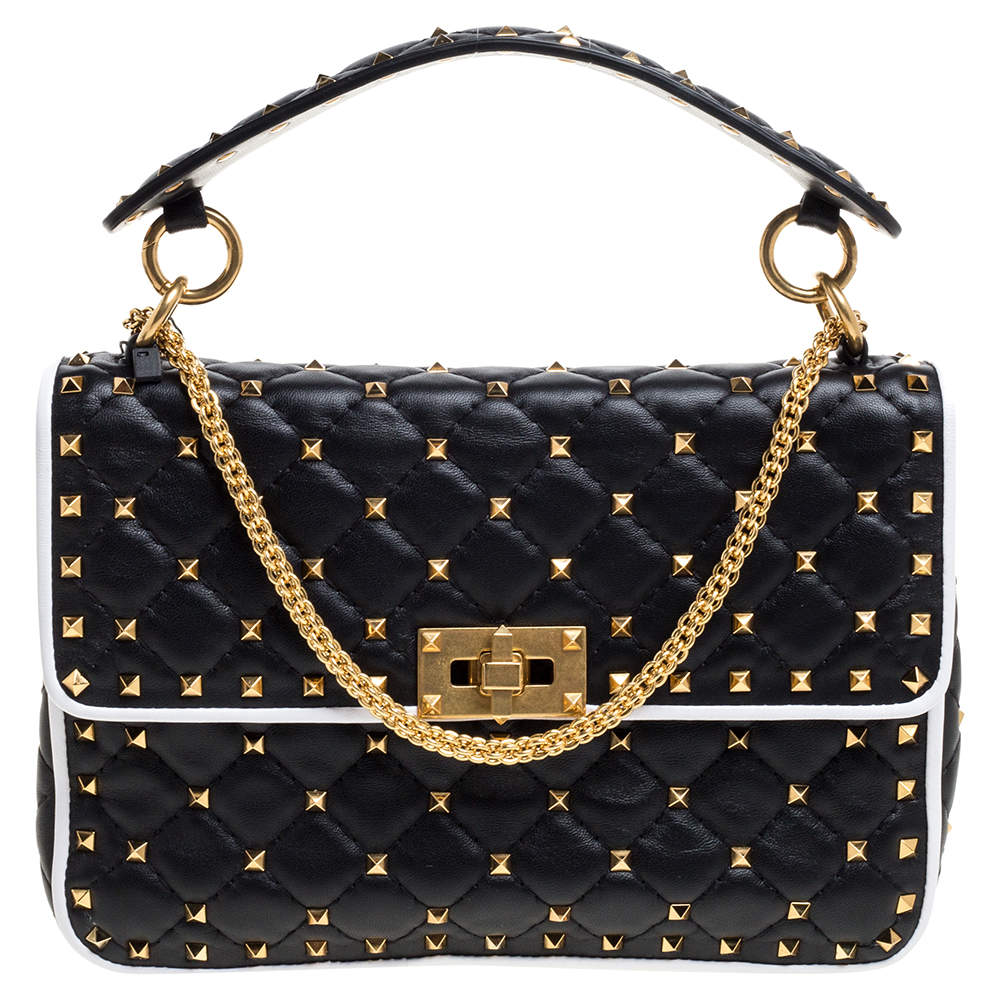 Pre Owned Valentino Black/White Quilted Leather Medium Rockstud Spike Shoulder Bag