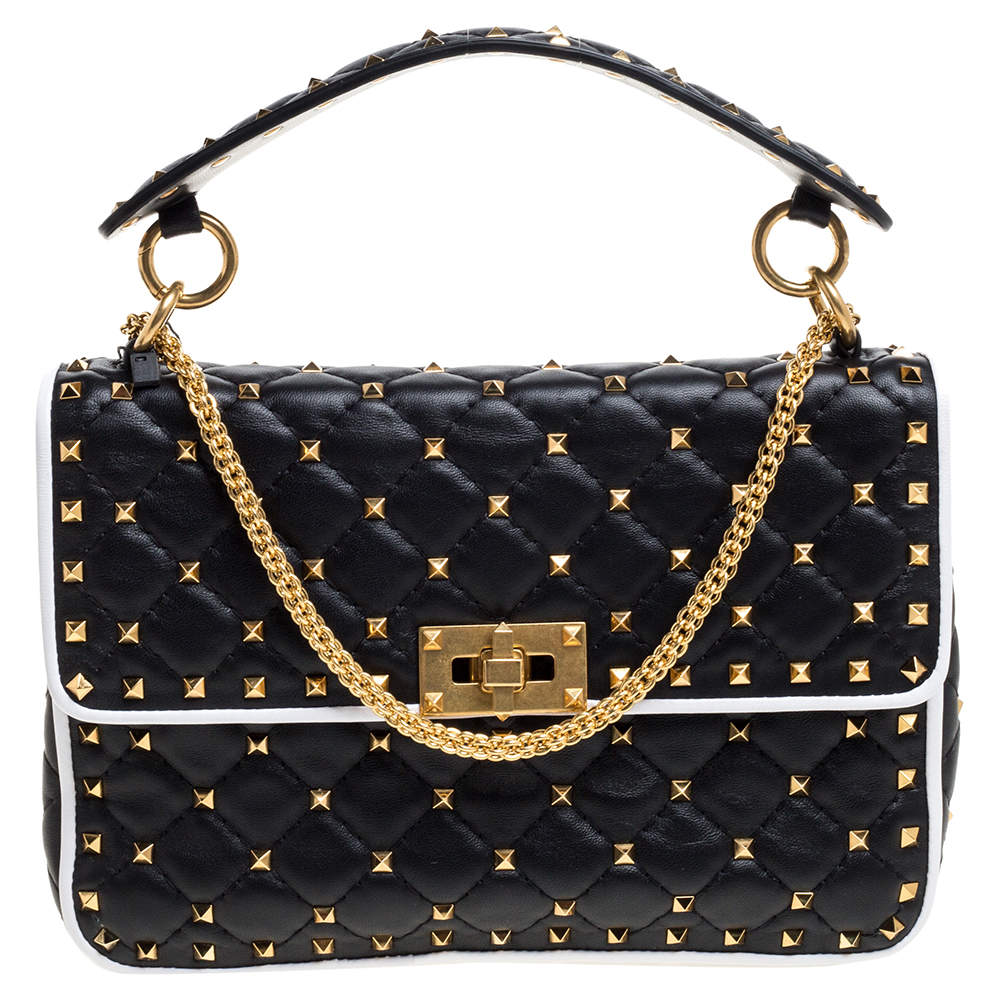 Pre Owned Valentino Black/White Quilted Leather Medium Rockstud Spike Shoulder Bag