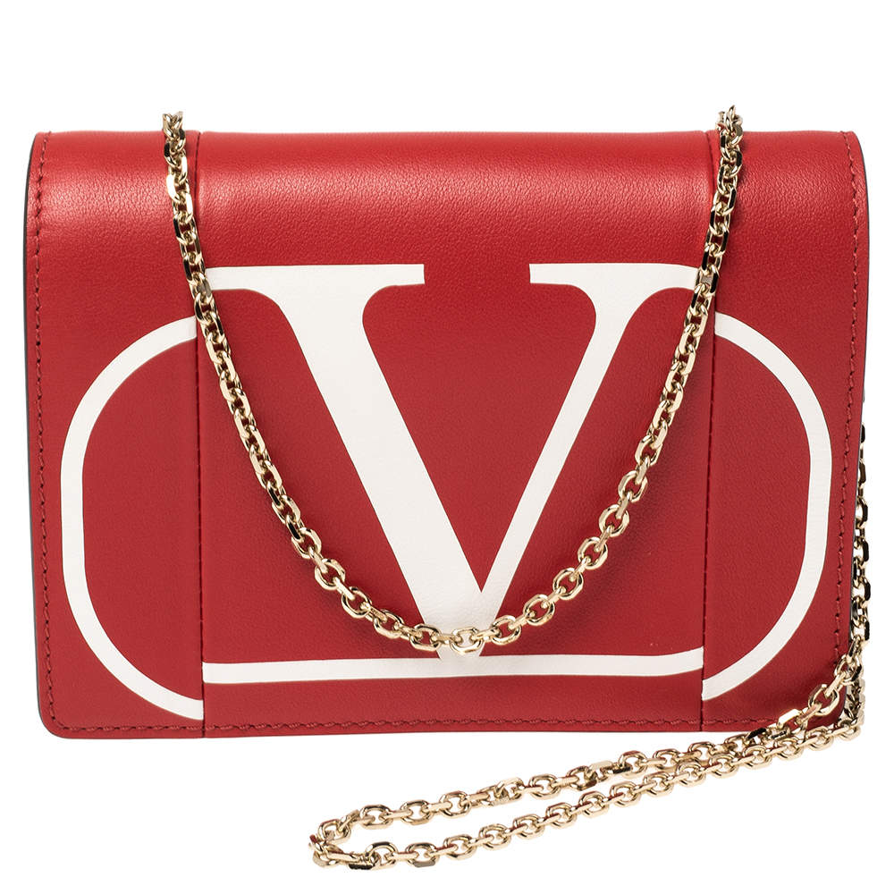 Valentino V Logo Chain Leather Shoulder Bag in Red