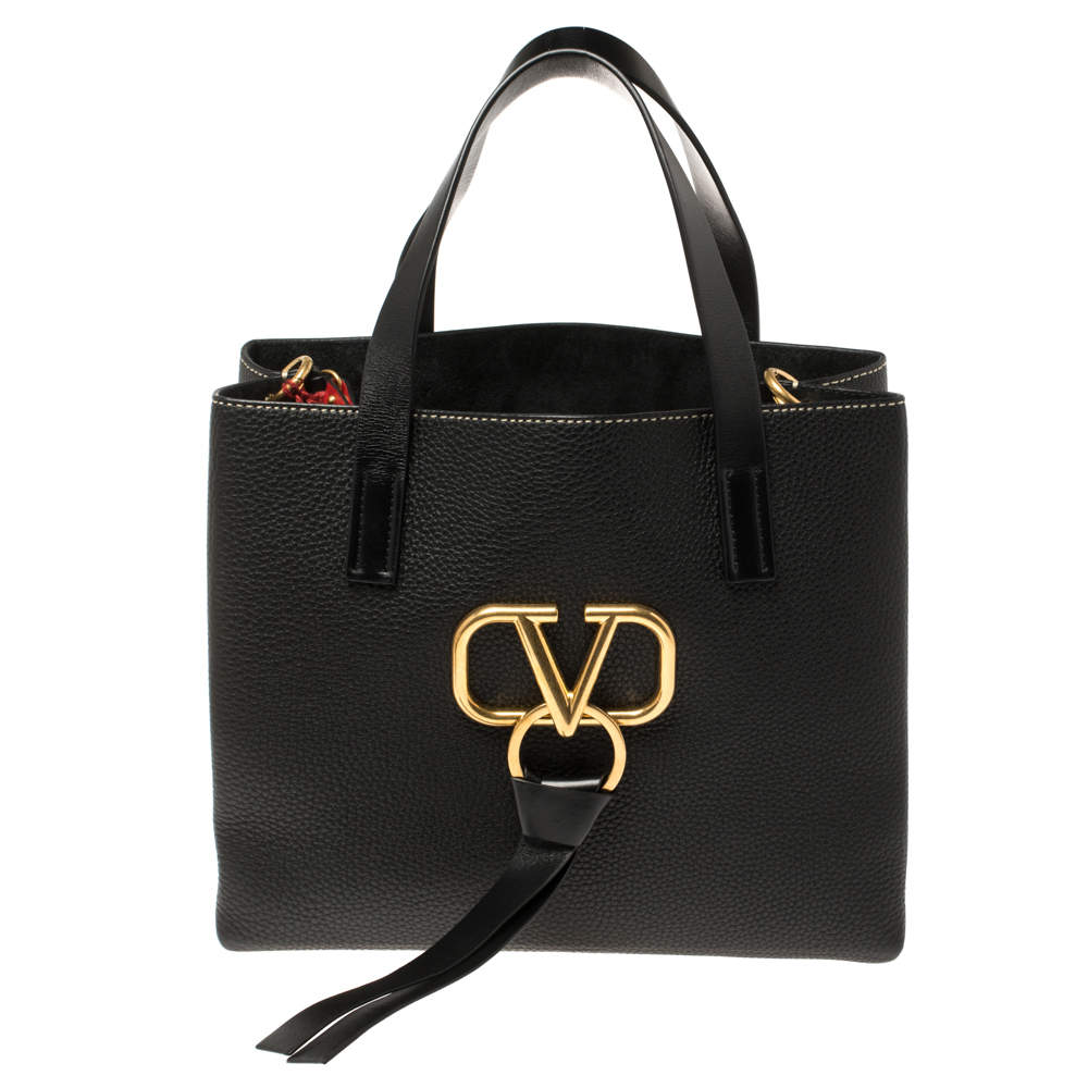 Pre Owned Valentino Black Pebbled Leather E/W VRING Tote