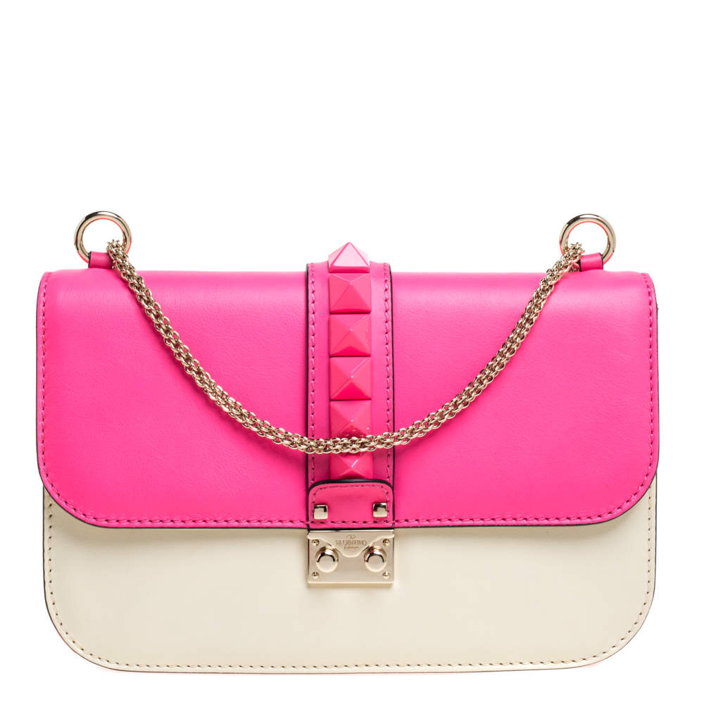 Valentino Neon Pink/White Leather Rockstud Medium Glam Lock Flap Bag