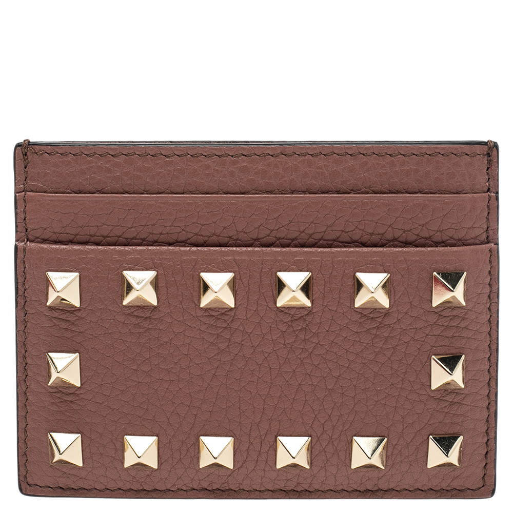 Pre Owned حافظة بطاقات فالنتينو جلد بني مرصعة روكستد
