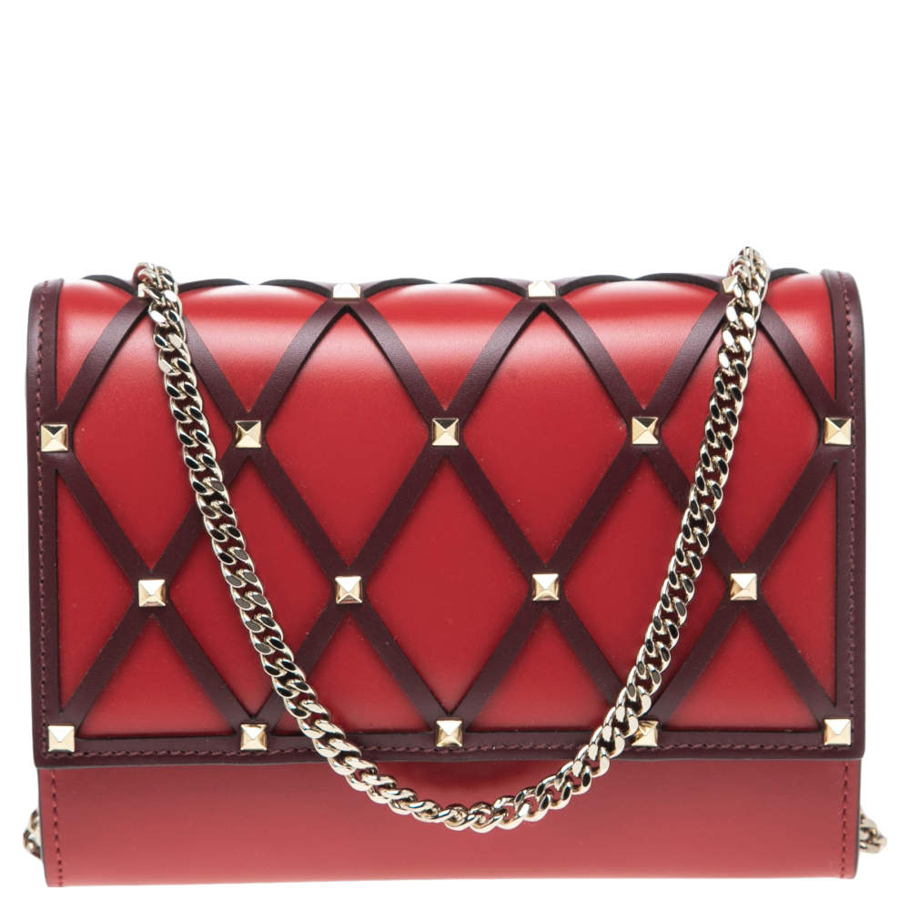 Valentino Red/Burgundy Leather Beehive WOC Clutch Valentino The