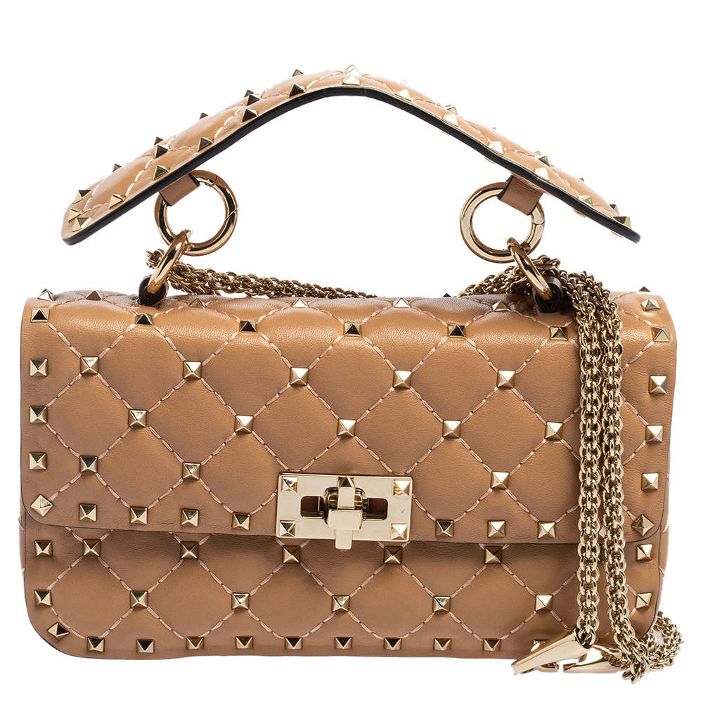 Pre Owned Valentino Beige Leather Rockstud Spike Top Handle Bag