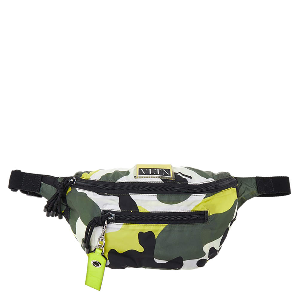 Valentino Green Yellow Camouflage Printed Nylon Belt Bag