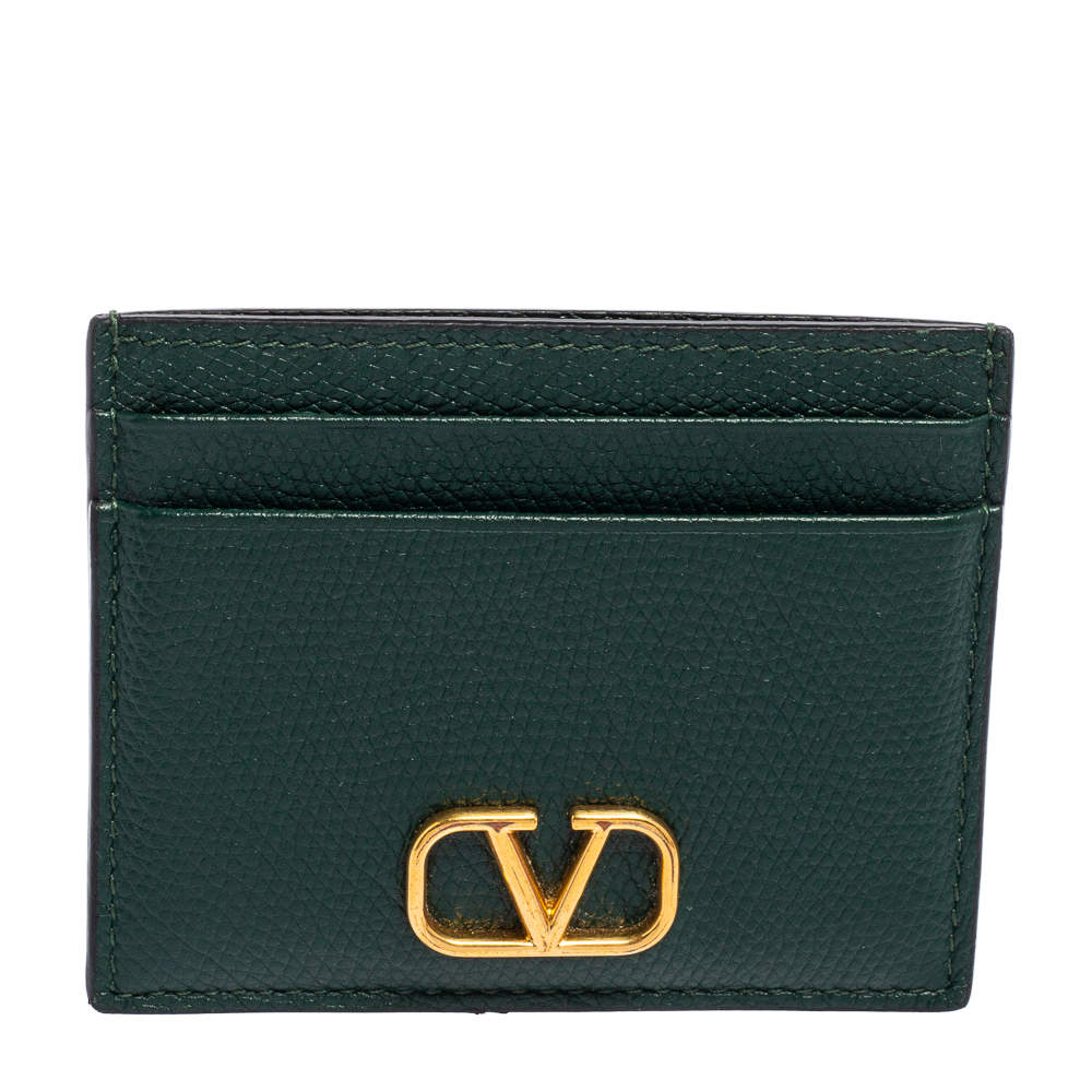 Pre Owned محفظة بطاقات فالنتينو شعار في جلد أخضر