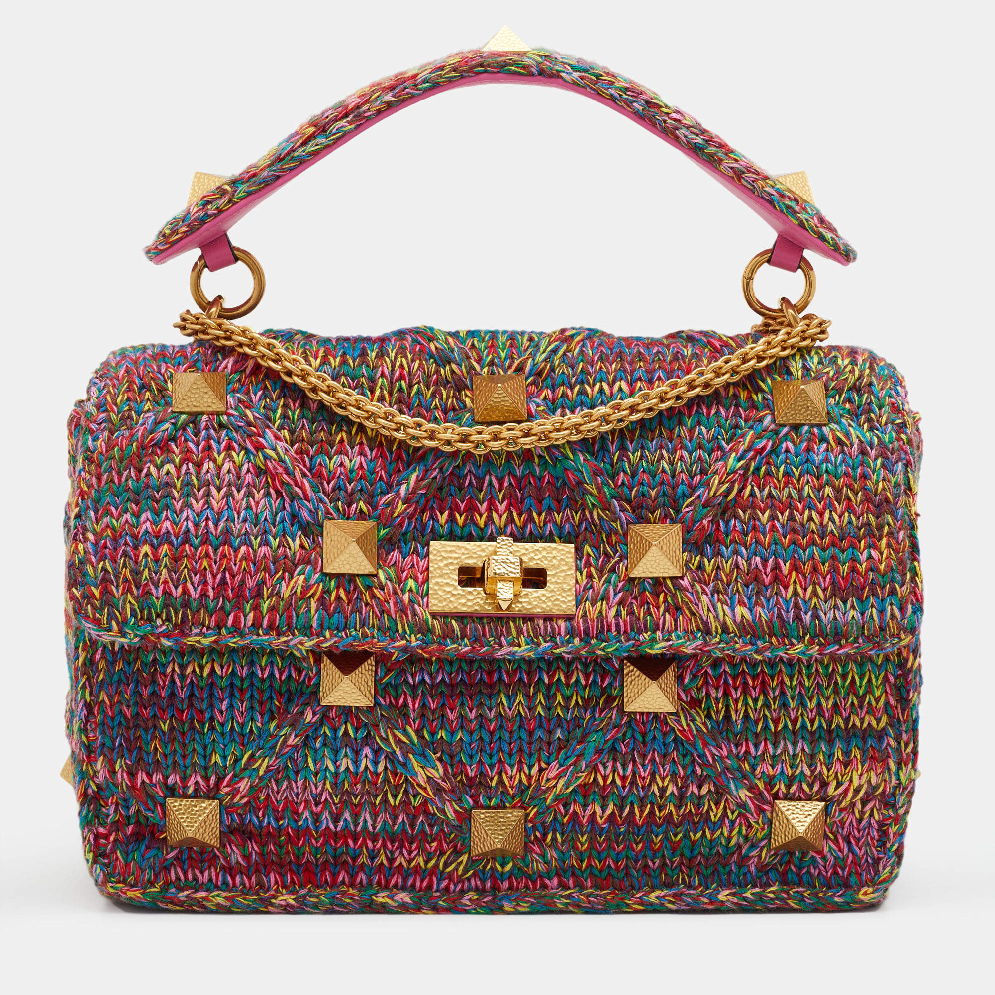 Pre Owned Valentino Multicolored Woven Cotton Fabric Large Roman Stud Top Handle Bag 