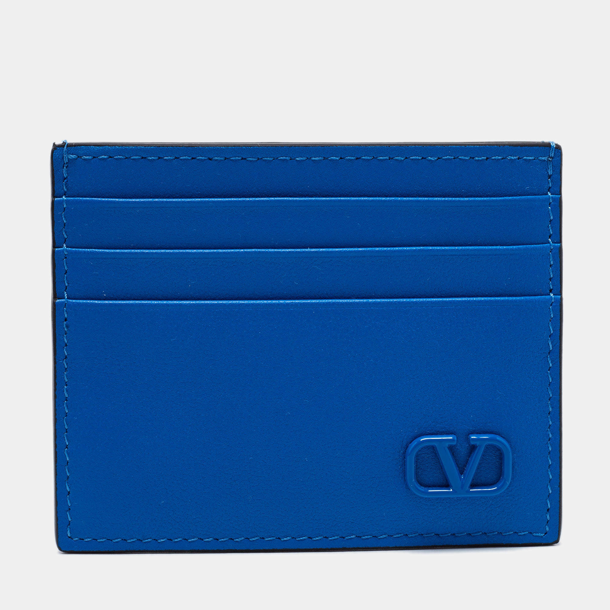 Pre Owned Valentino Blue Leather Vlogo Card Holder