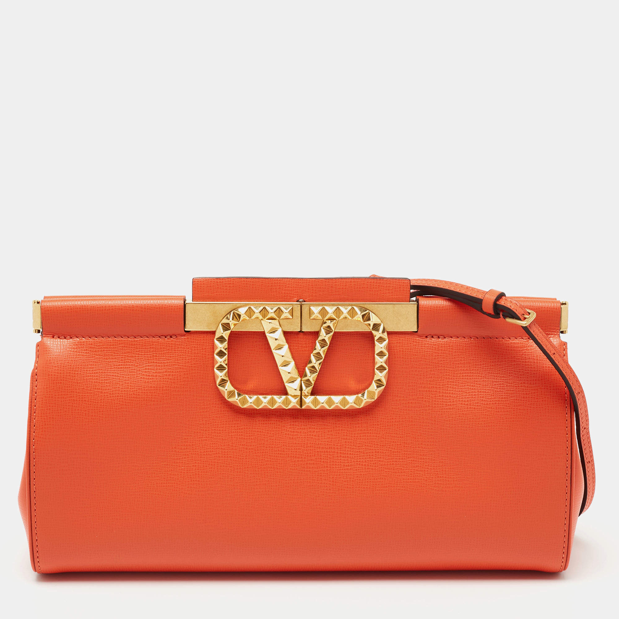 Valentino Orange Leather Rockstud Logo Plaque Clutch Valentino | The ...