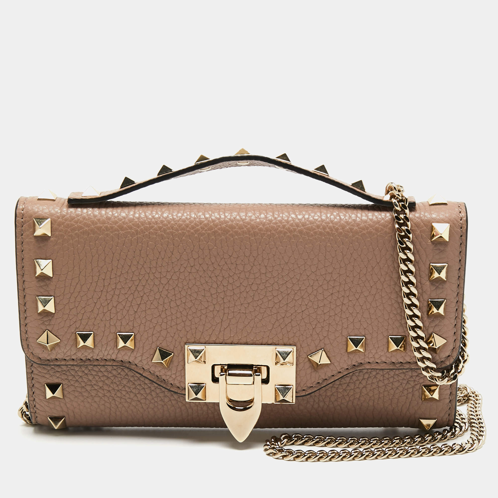 مملوكة مسبقًا Valentino Dusty Pink Leather Rockstud Wallet on Chain