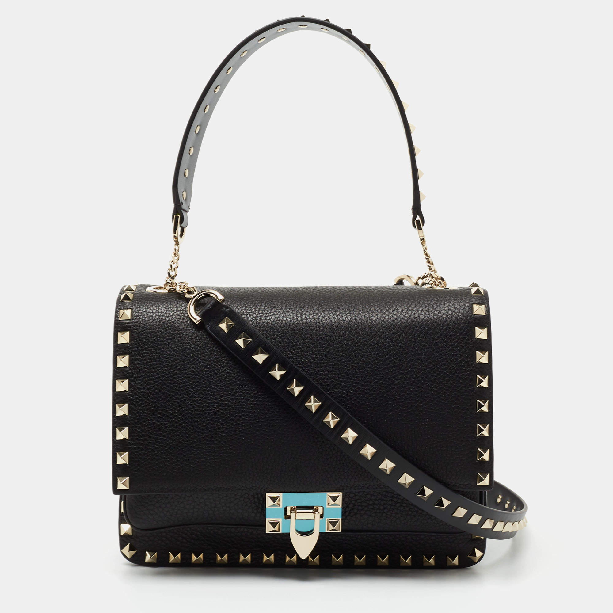 Pre Owned Valentino Black Leather Rockstud Flap Top Handle Bag