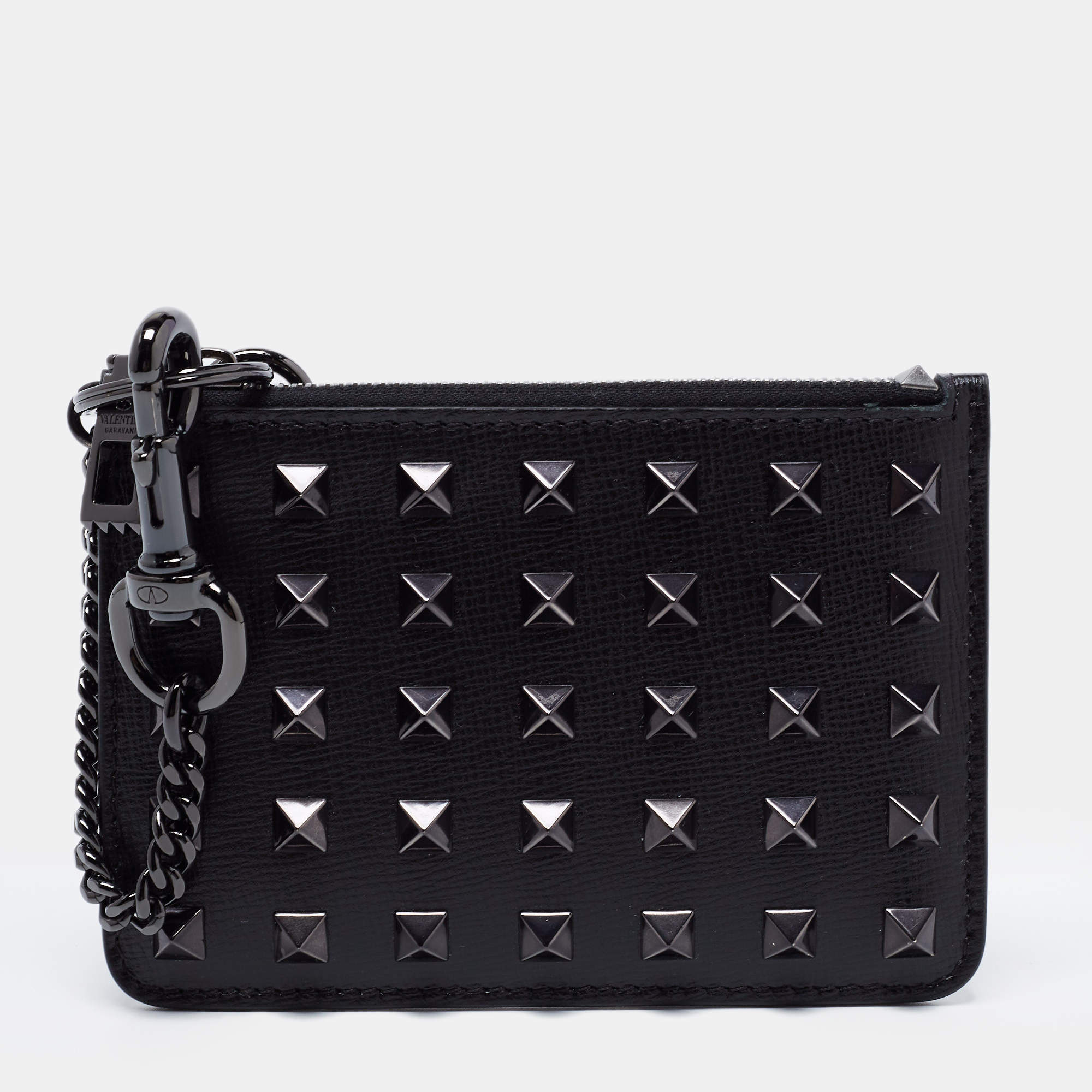 Pre Owned Valentino Black Leather Rockstud Zip Coin Purse