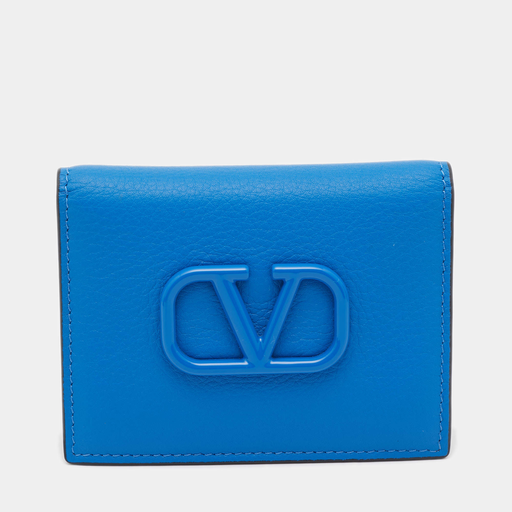 Pre Owned Valentino Blue Leather VLogo Card Case