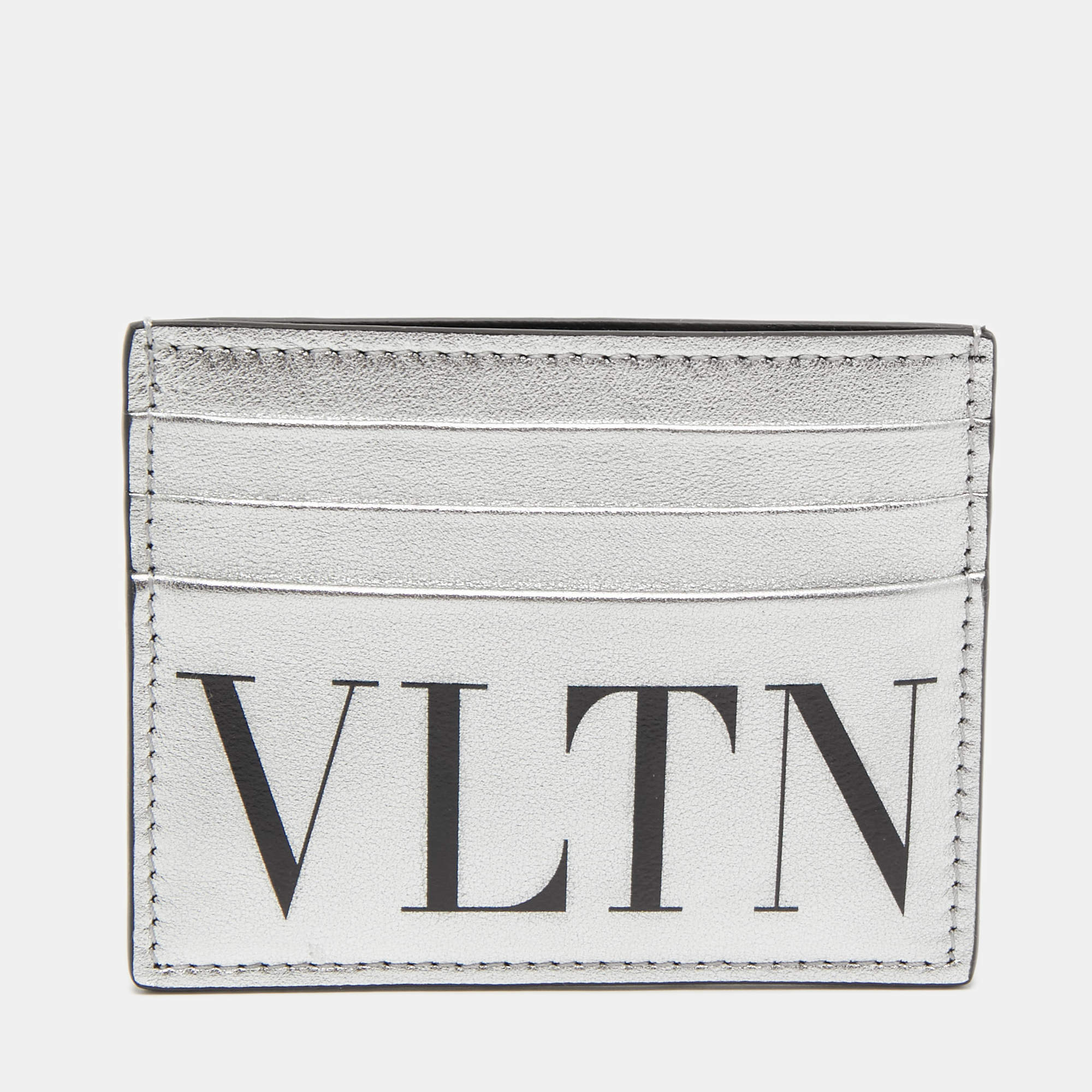 Pre Owned Valentino Silver/Black Leather VLTN Card Holder