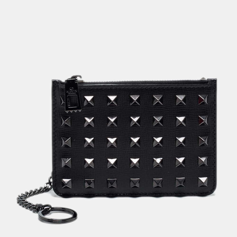 Valentino Black Leather Rockstud Zip Card Case