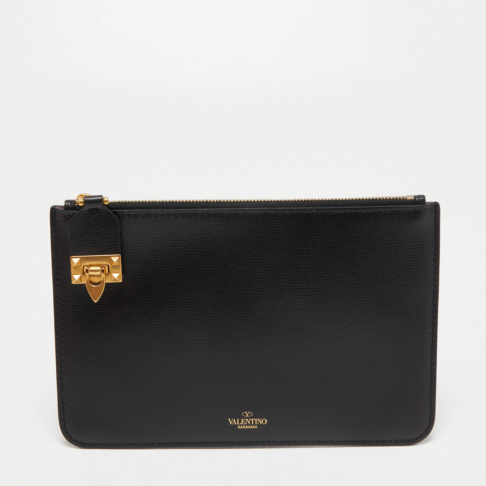 Pre Owned Valentino Black Leather Rockstuds Alcove Zip Pouch 