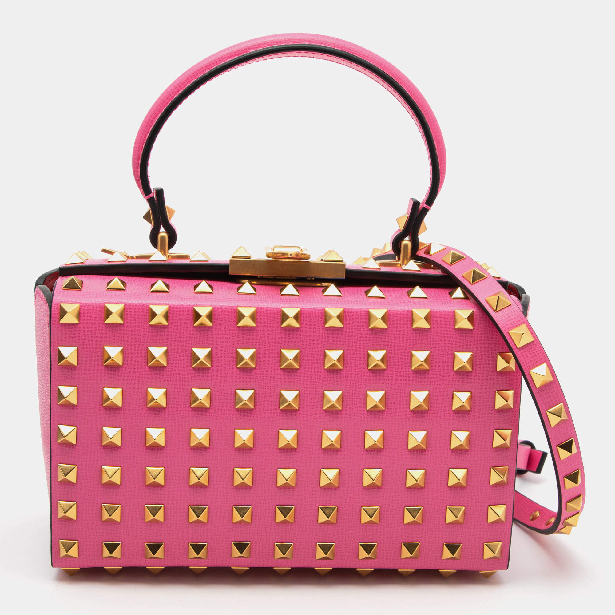 Pre Owned Valentino Pink Leather Rockstud Top Handle Bag