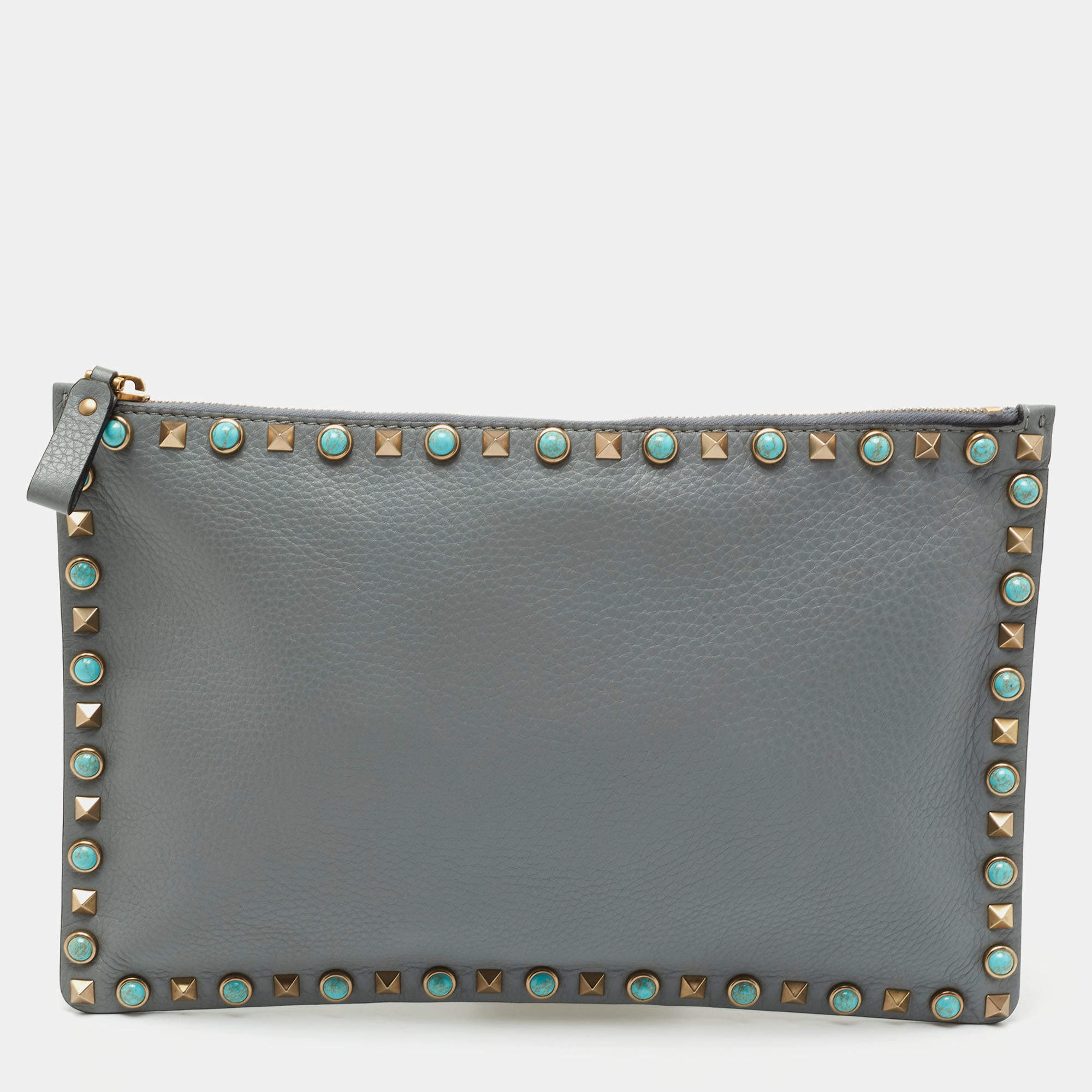 Pre Owned Valentino Grey Leather Rockstud Zip Pouch
