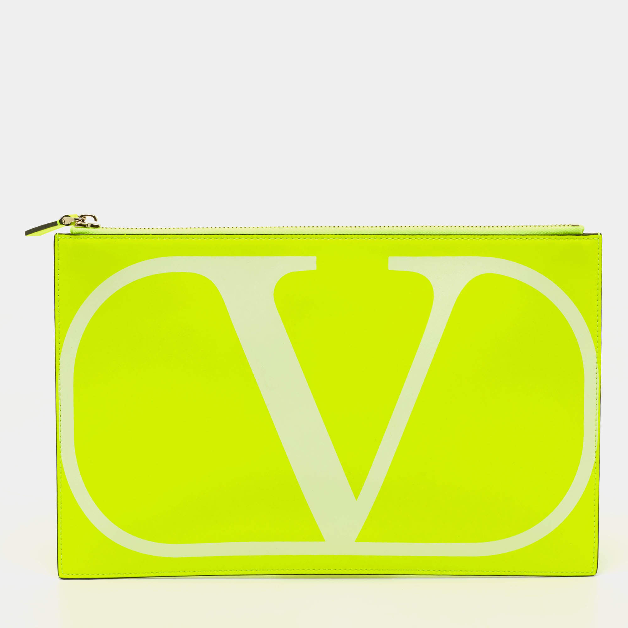 Pre Owned  Valentino Neon Green Leather Vlogo Flat Zip Pouch