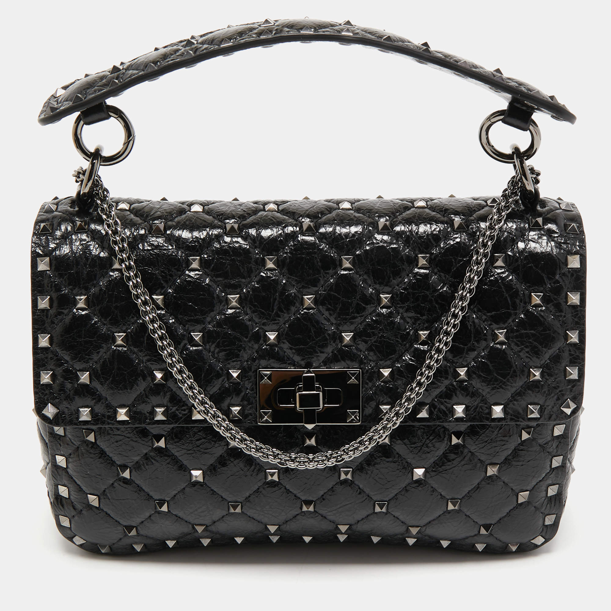 Pre Owned Valentino Black Quilted Crinkled Leather Medium Rockstud Spike Shoulder Bag