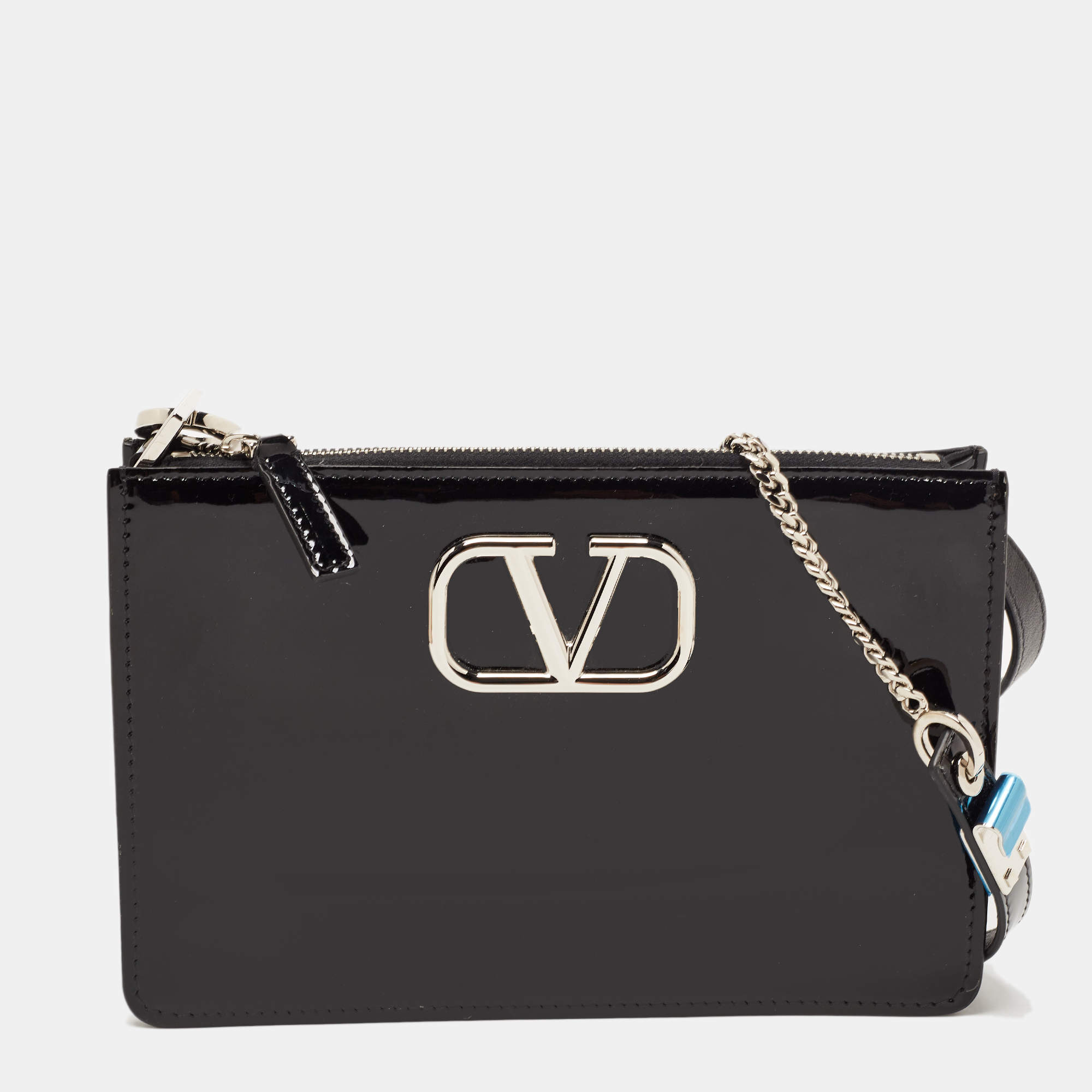 Valentino Black Patent Leather Vsling Zip Shoulder Bag