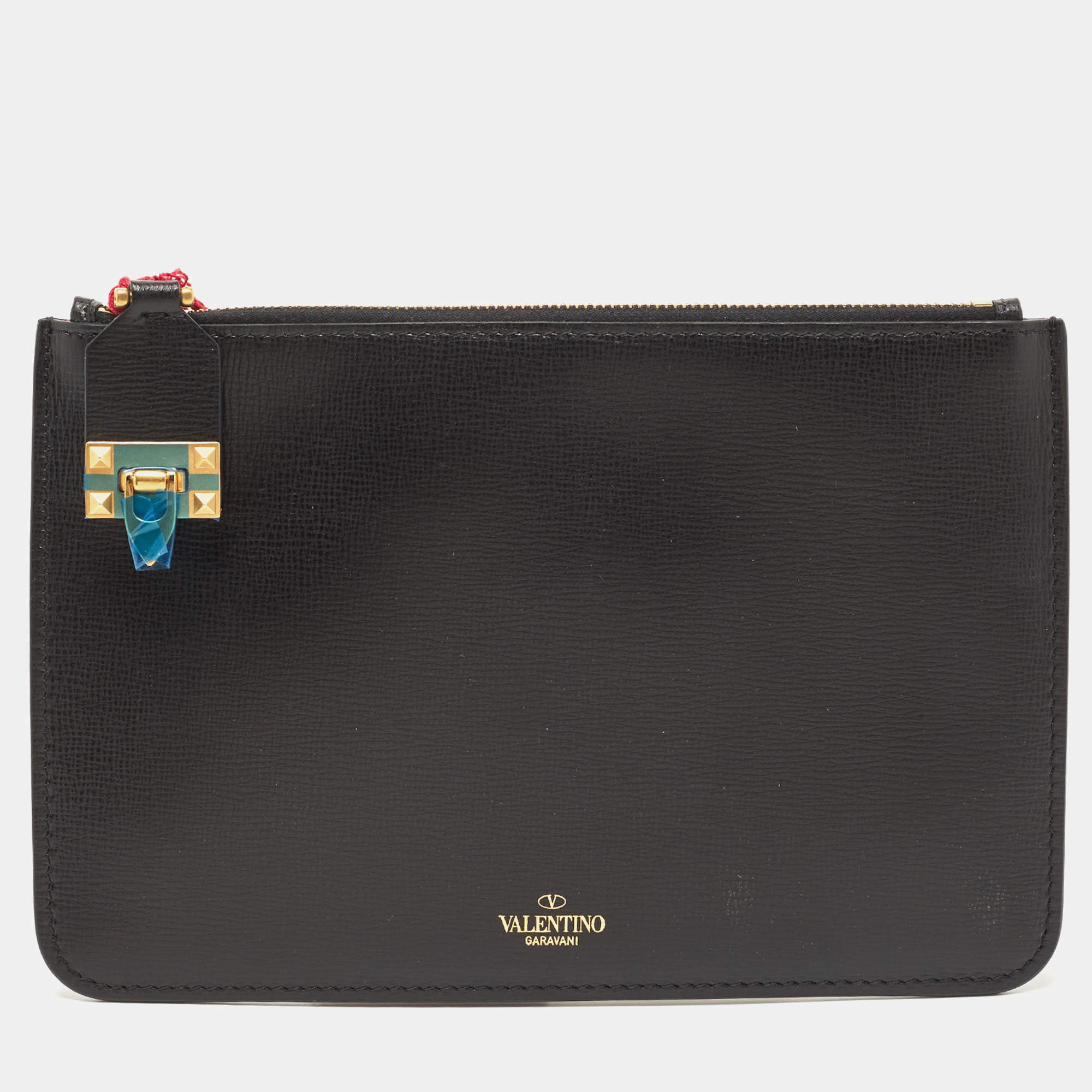 مملوكة مسبقًا Valentino Black Leather Small Rockstud Lock Flat Pouch 