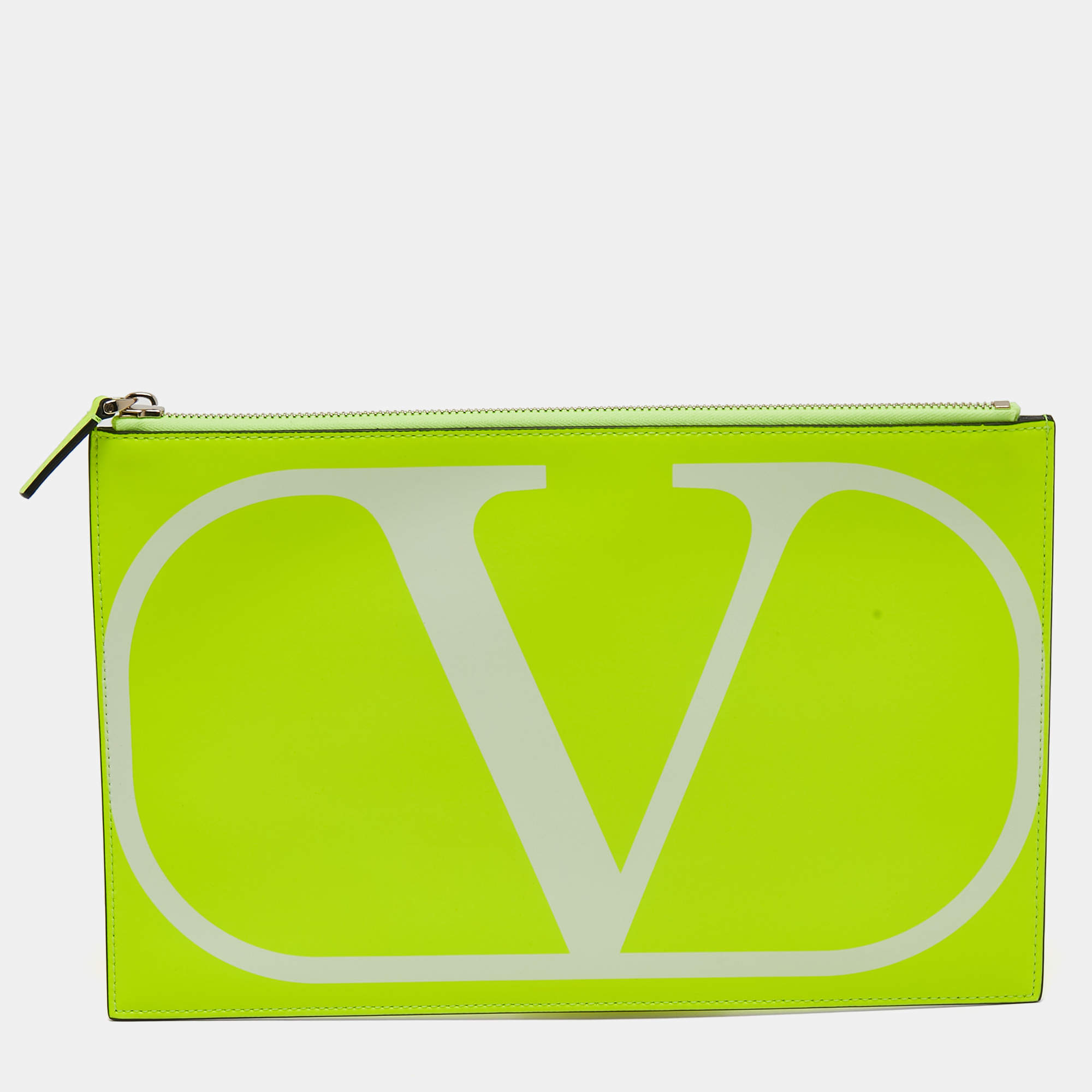 Pre Owned  Valentino Neon Green Leather Vlogo Flat Zip Pouch