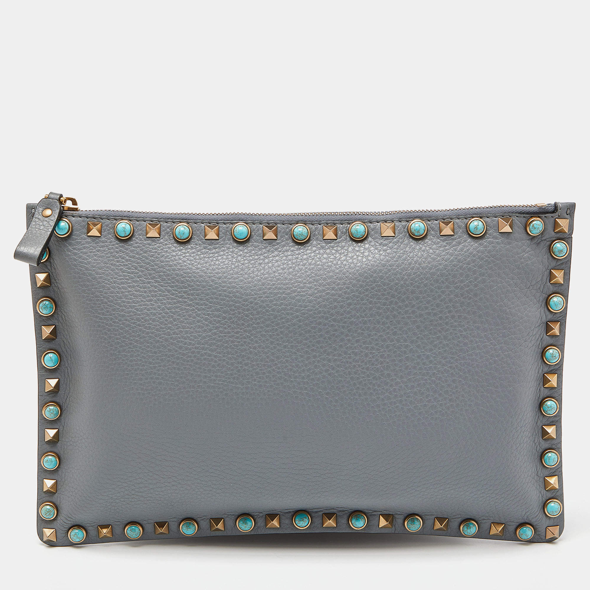 Pre Owned Valentino Grey Leather Rolling Rockstud Zip Pouch
