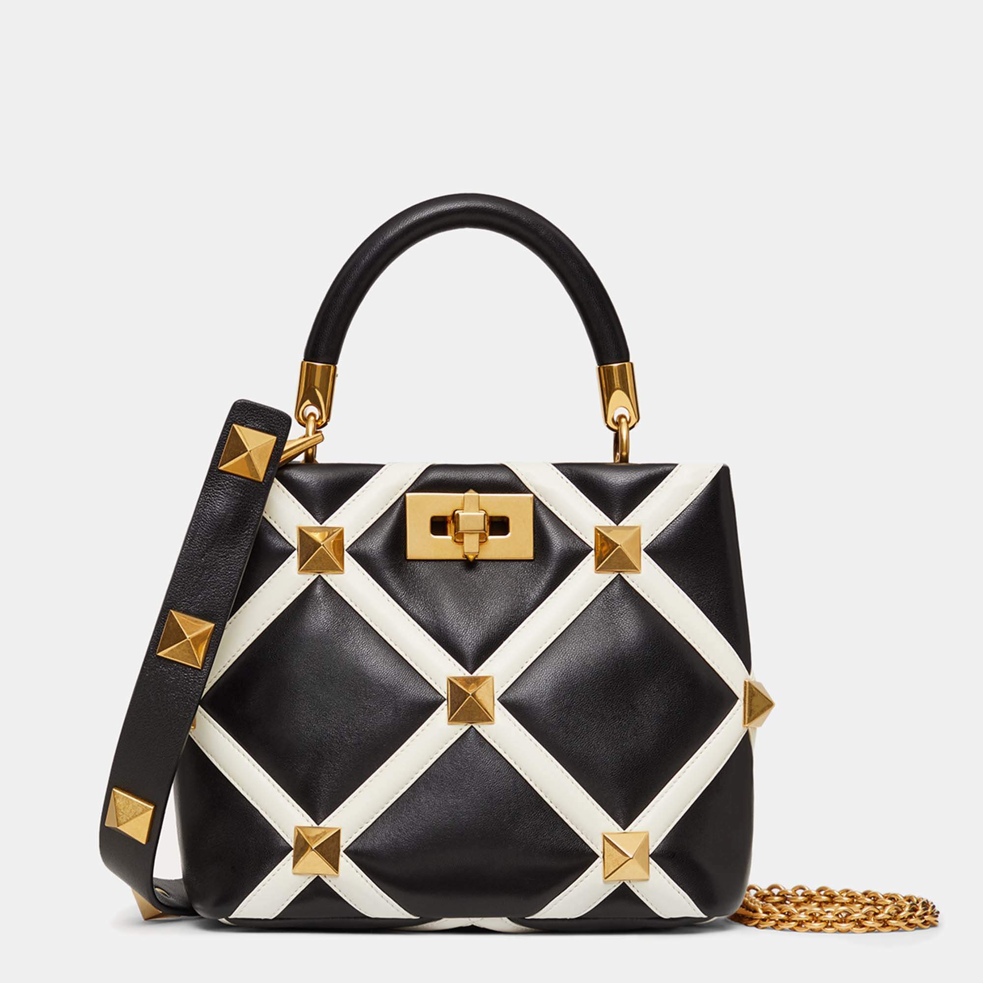 Valentino Black/Off-White Quilted Leather Roman Stud Top Handle