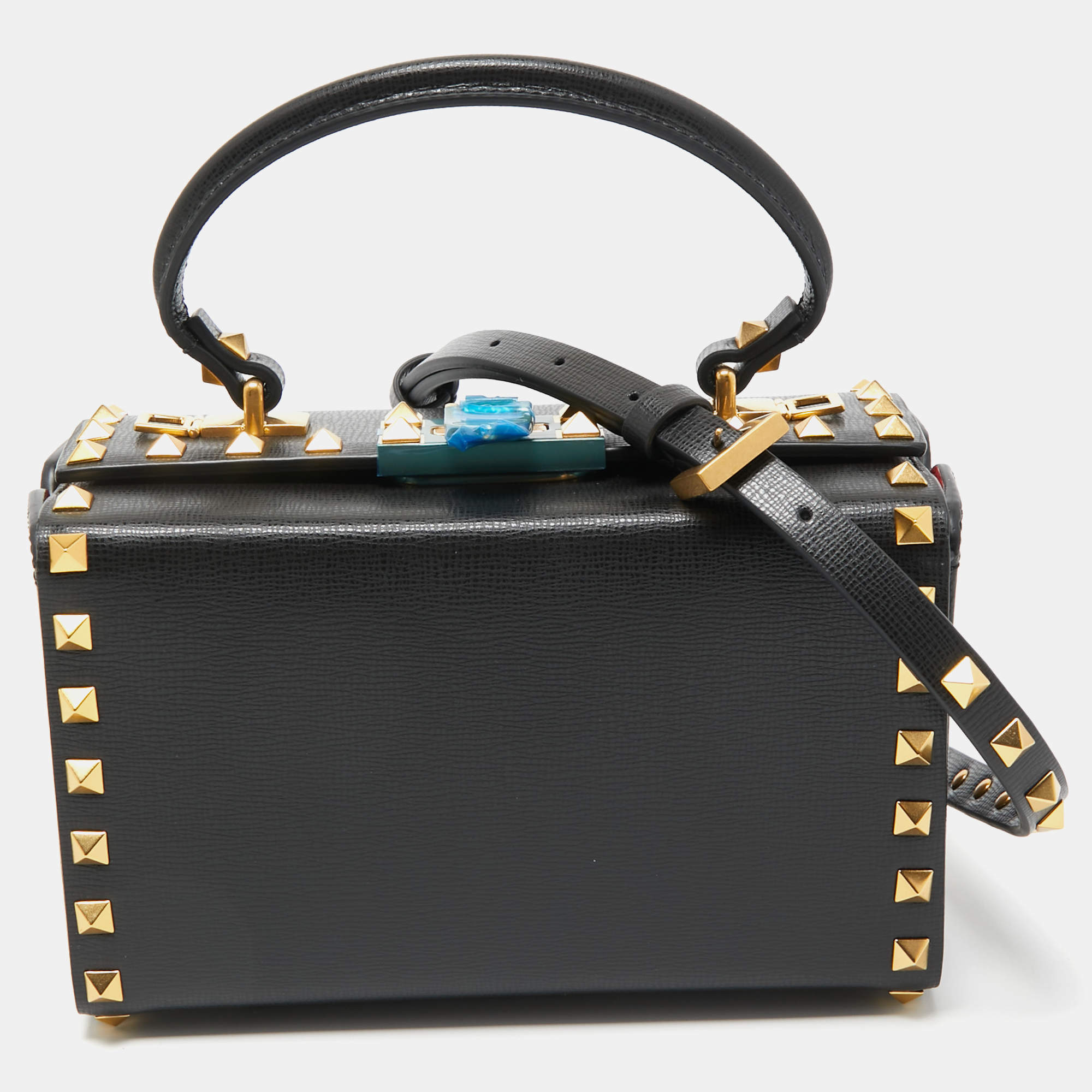 Pre Owned Valentino Black Leather Rockstud Alcove Box Top Handle Bag