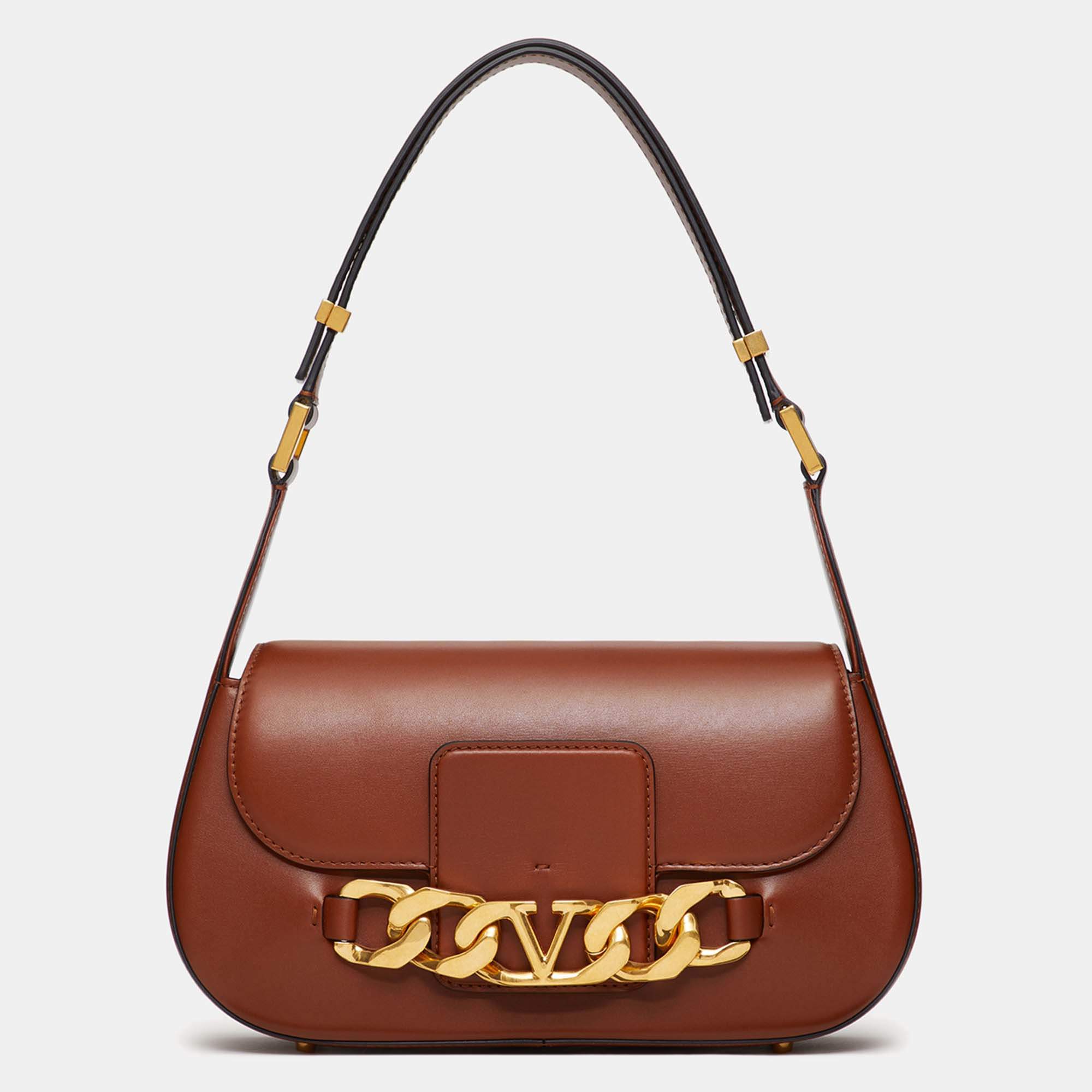 مملوكة مسبقًا Valentino Brown Leather Vlogo Chain Shoulder Bag
