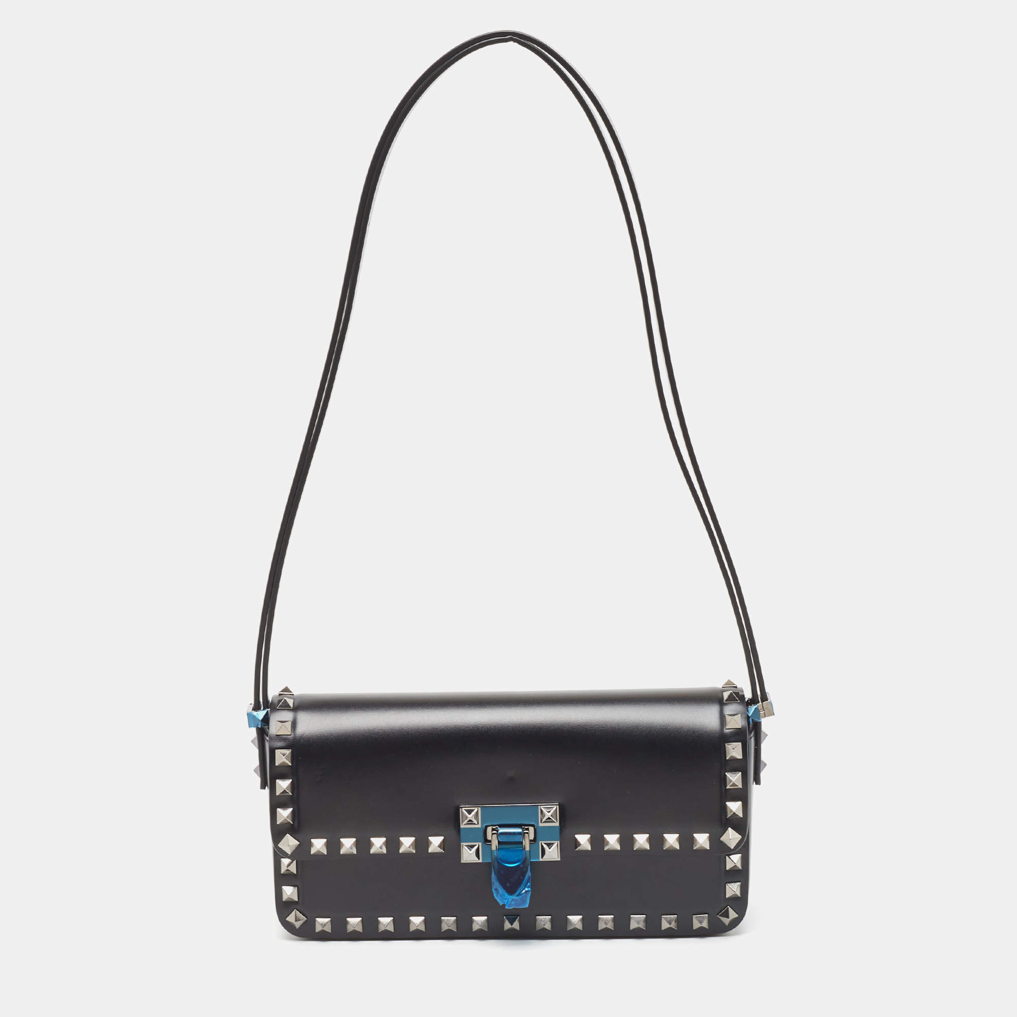 Pre Owned Valentino Black Leather Rockstud Flap Shoulder Bag
