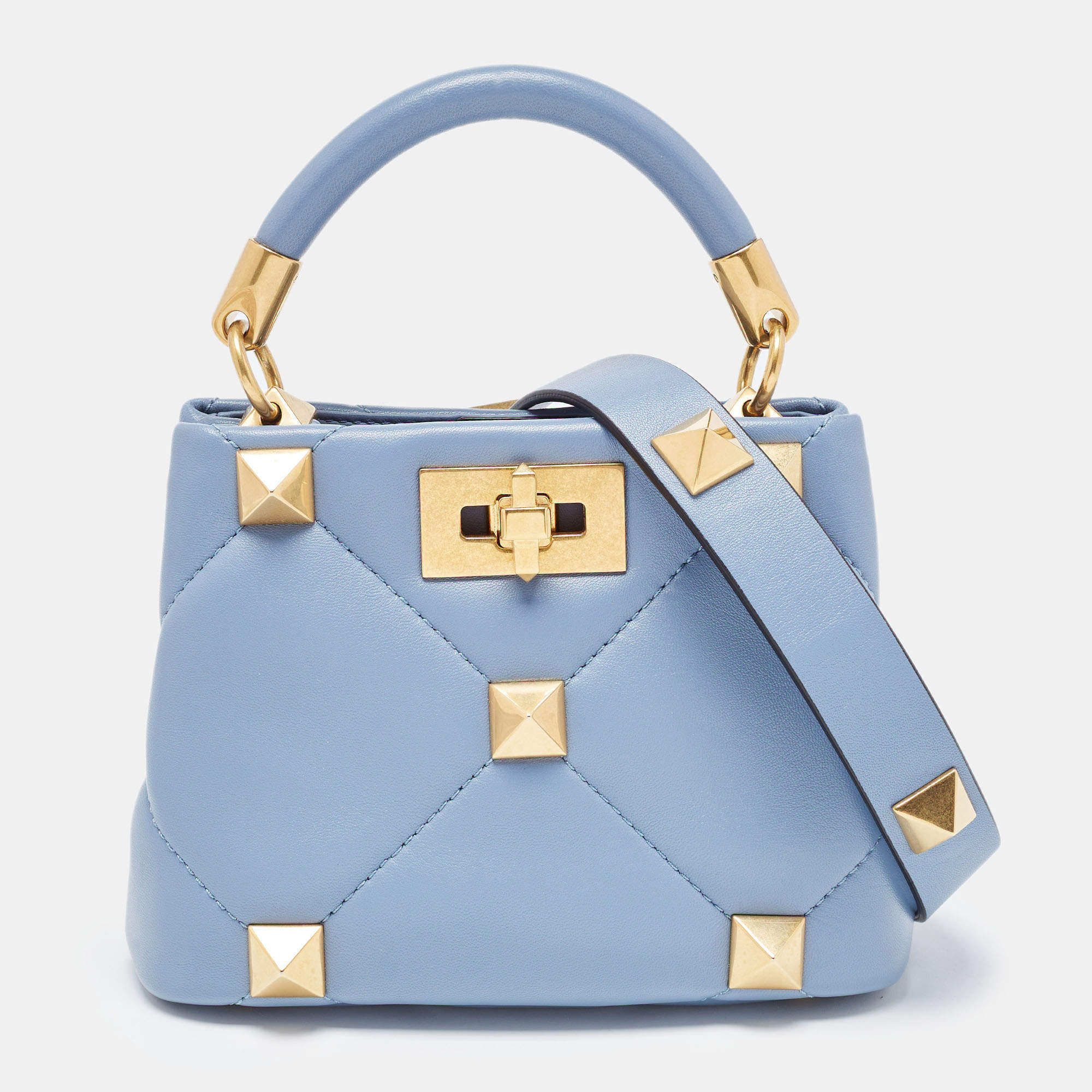 Pre Owned Valentino Blue Quilted Leather Roman Stud Top Handle Bag