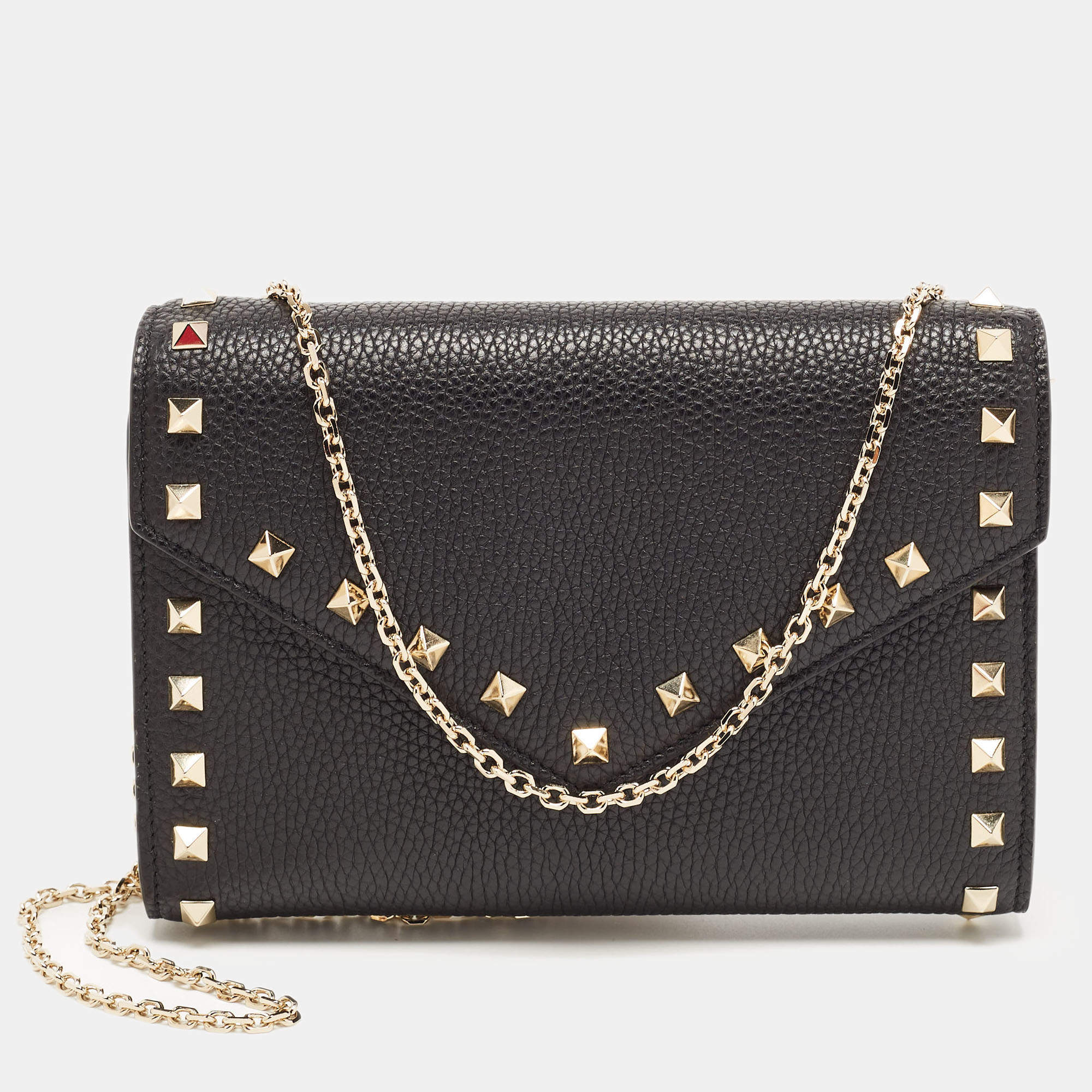 Pre Owned Valentino Black Leather Rockstud Envelope Wallet on Chain