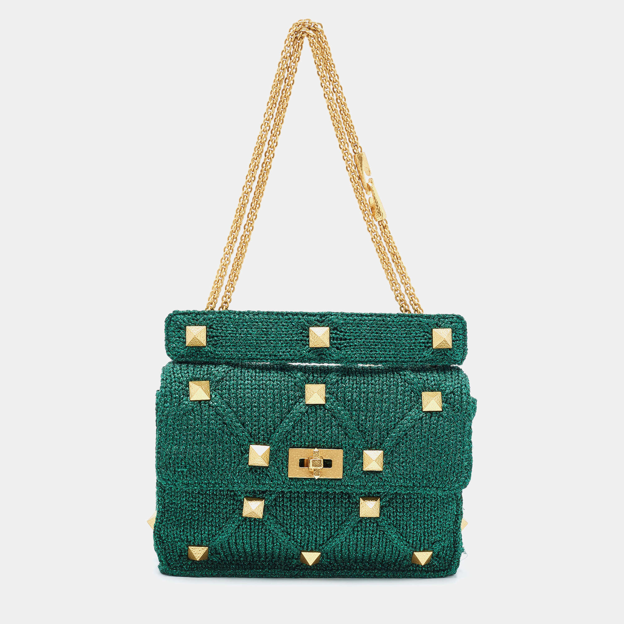 Pre Owned Valentino Green Lurex Frabric Large Roman Stud Shoulder Bag