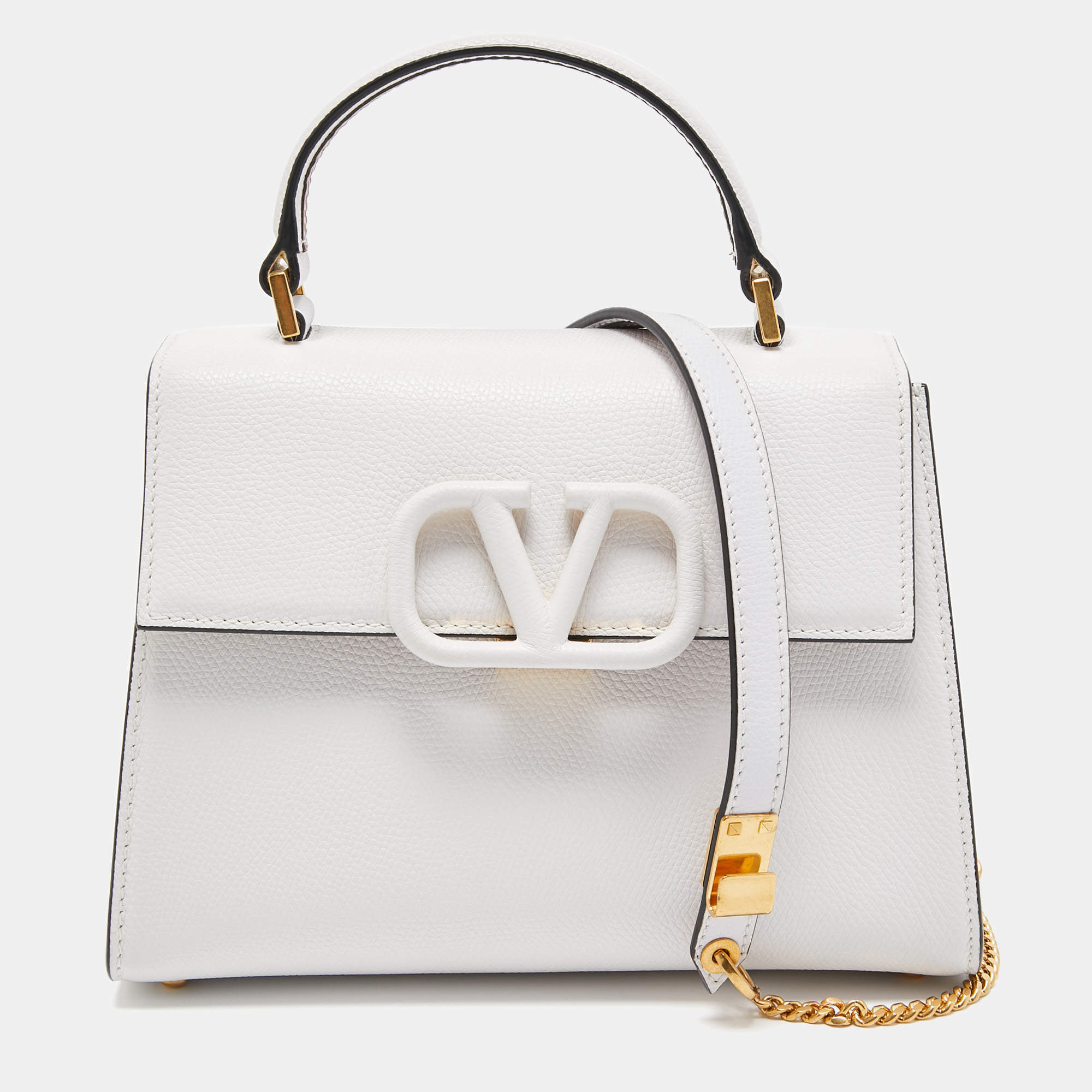 Pre Owned Valentino White Leather Small VSling Top Handle Bag
