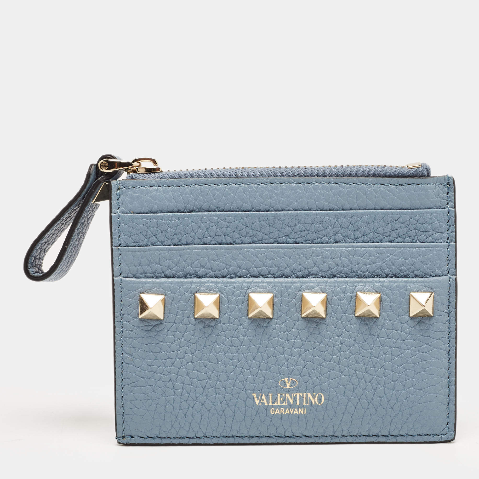 Valentino Blue Leather Rockstud Zip Card Holder