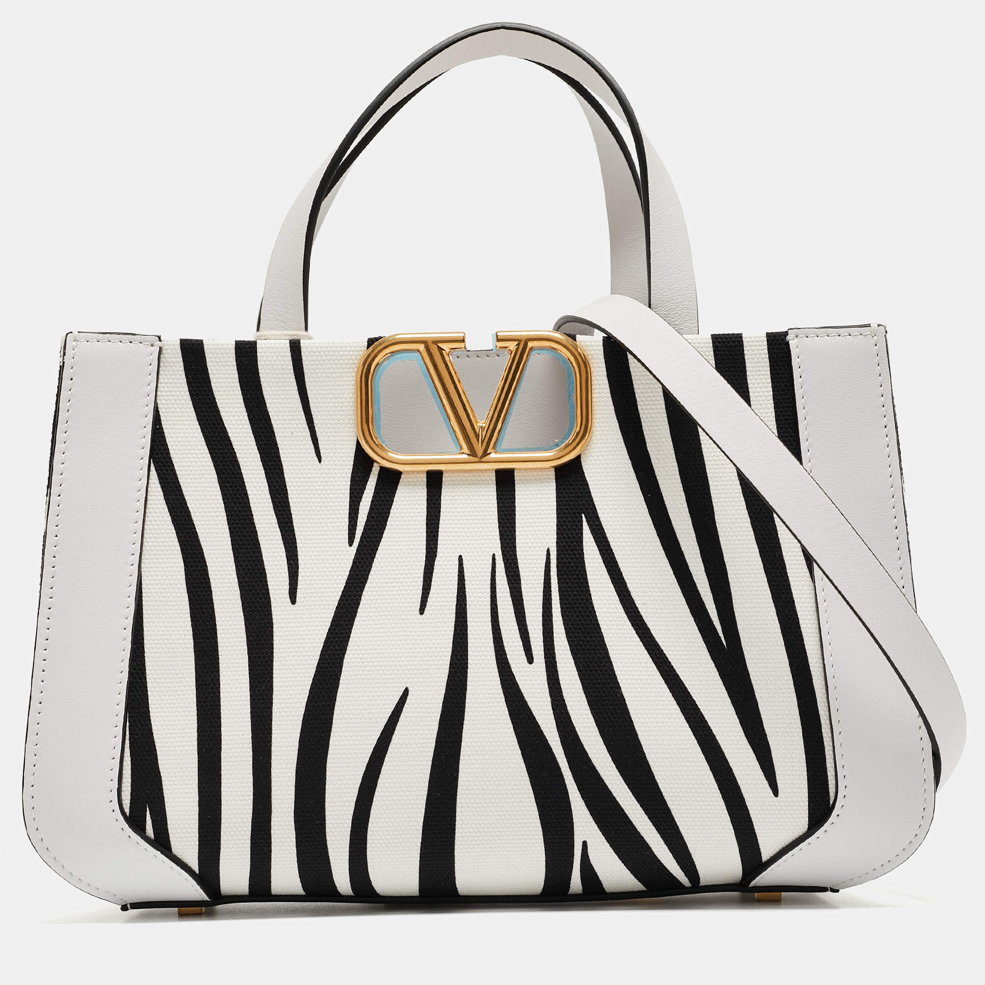 Pre Owned Valentino White/Black Zebra Print Canvas and Leather Small VLogo Tote
