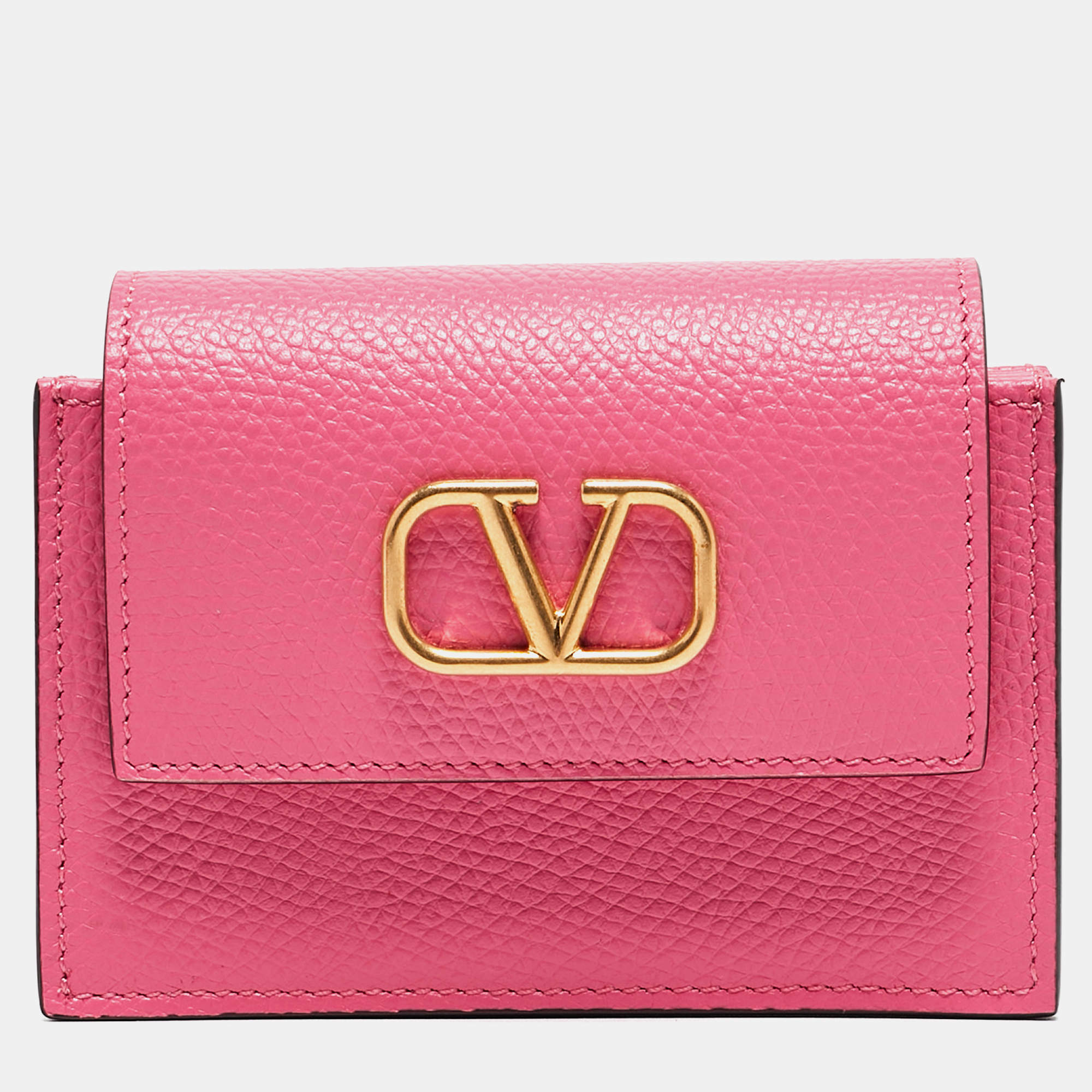 Pre Owned Valentino Pink Leather VLogo Accordion Card Holder