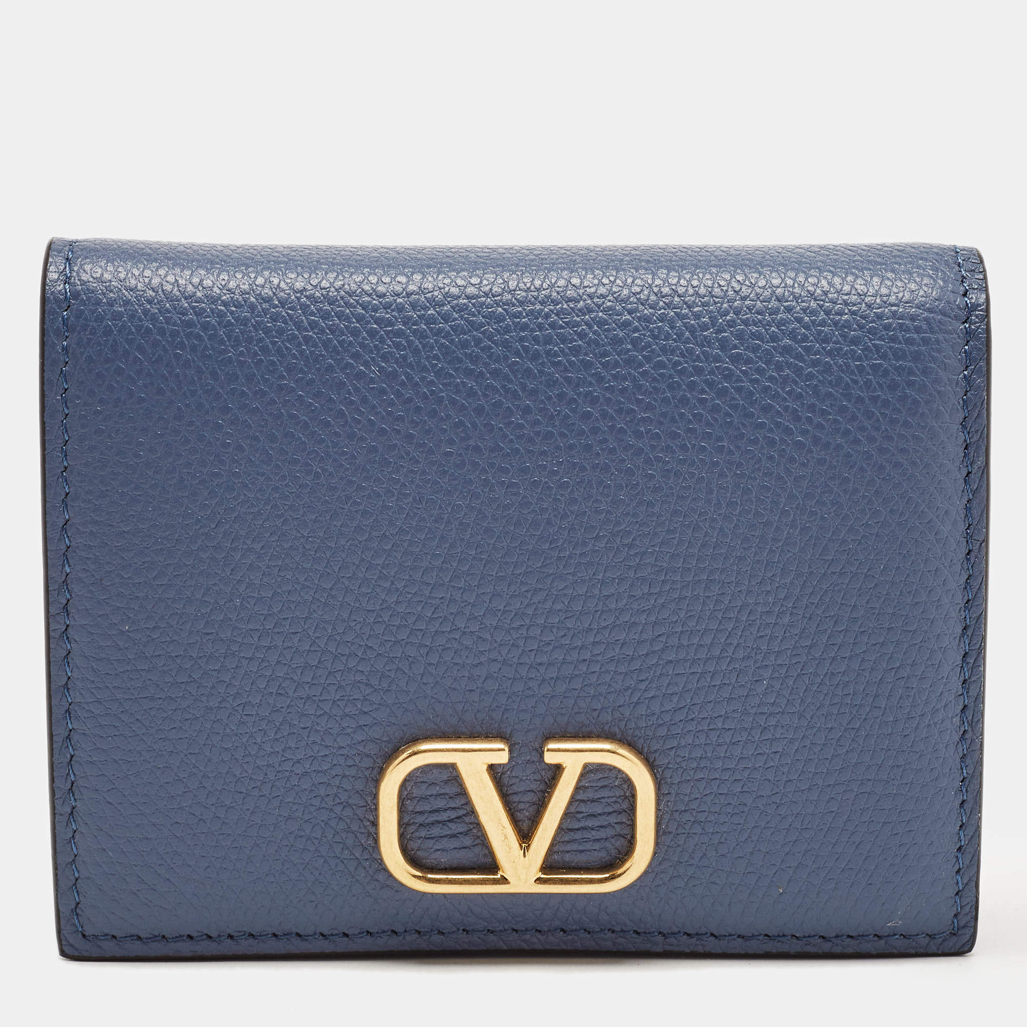 Pre Owned Valentino Blue Leather VLogo Compact Wallet