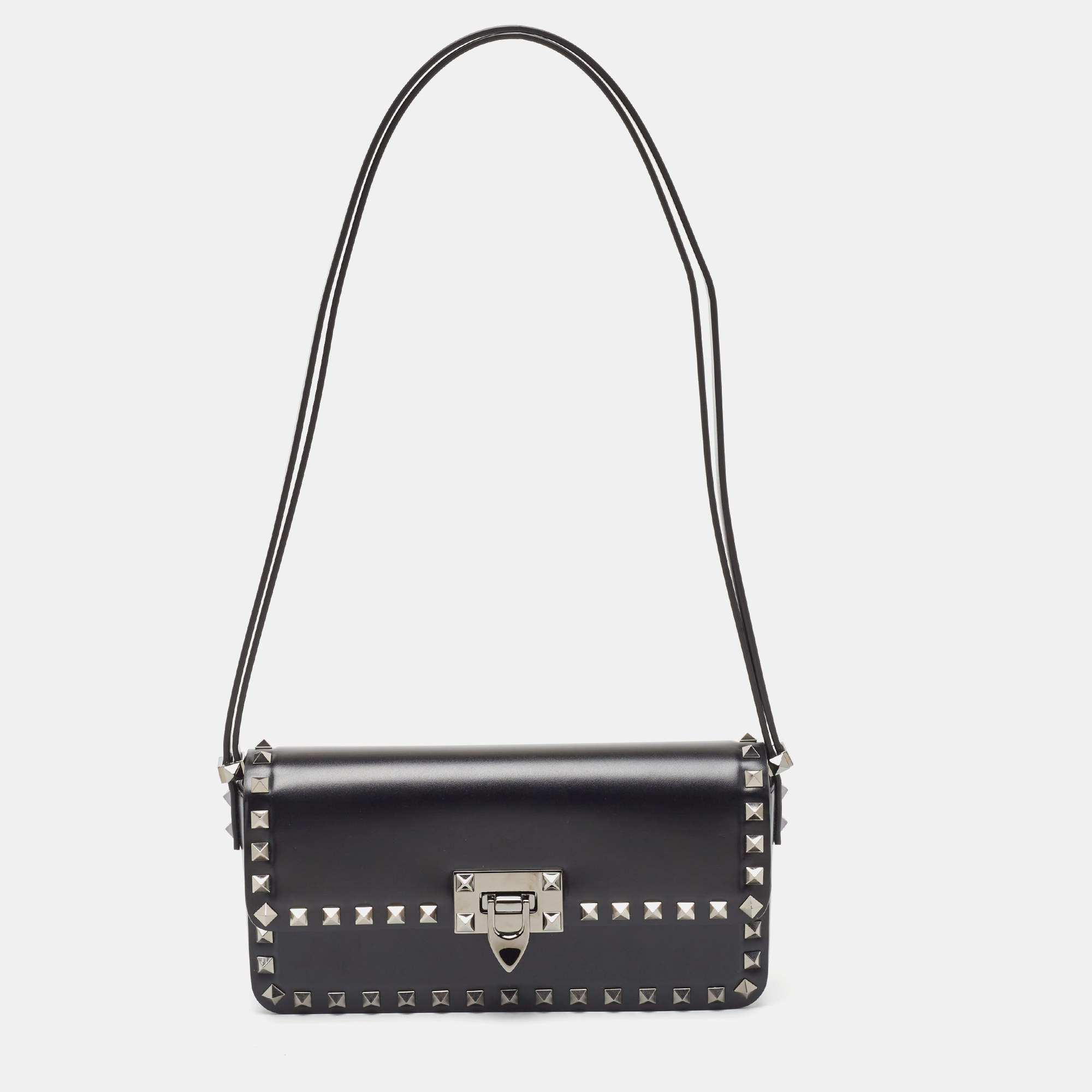 Valentino Black Leather Rockstud Flap Shoulder Bag